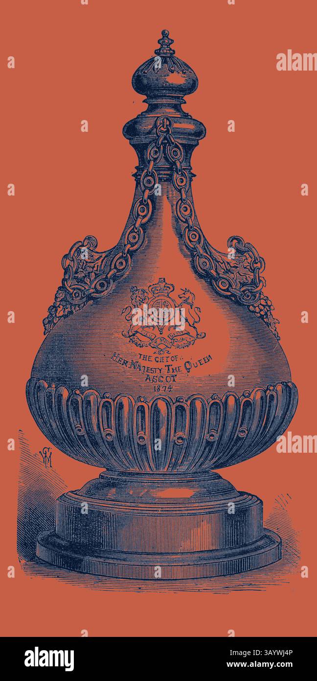 Eine kunstvoll verzierte dekorative Vase mit aufwändigen Schnitzereien und einem königlichen Wappen symbolisiert das königliche Erbe. Das Design zeigt elegante Kurven und blüht auf und unterstreicht seine handwerkliche und historische Bedeutung. Ascot Race Plate: Die goldene Vase der Königin, klassische Kunst mit einem modernen Touch, der von Artotop neu interpretiert wurde Stockfoto