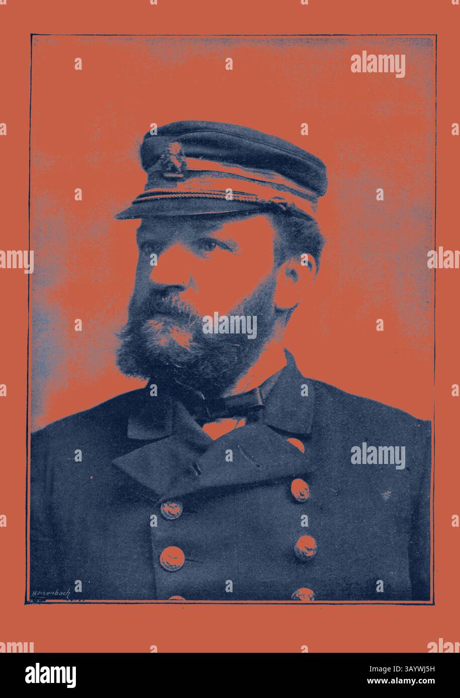 Ein hart aussehender Mann in einer Uniform im Militärstil, mit einer Mütze, die mit Insignien verziert ist. Sein markanter Bart und sein ernster Ausdruck vermitteln ein Gefühl von Autorität und Entschlossenheit. Captain McKay von der Umbria Classic Art mit einem modernen Touch, der von Artotop neu gestaltet wurde Stockfoto Ein hart aussehender Mann in einer Uniform im Militärstil, mit einer Mütze, die mit Insignien verziert ist. Sein markanter Bart und sein ernster Ausdruck vermitteln ein Gefühl von Autorität und Entschlossenheit. Captain McKay von der Umbria Classic Art mit einem modernen Touch, der von Artotop neu gestaltet wurde Stockfoto