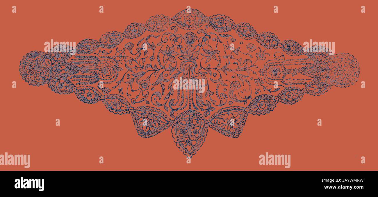 Komplizierte Blumen- und ornamentale Muster vermischen sich mit abstrakten Formen und bilden einen auffälligen Kontrast zu einem leuchtenden orangefarbenen Hintergrund. Das Design zeigt akribische Details, die ein Gefühl von Eleganz und künstlerischer Handwerkskunst vermitteln. Klassische Spitzenkunst mit modernem Touch, neu gestaltet von Artotop Stockfoto