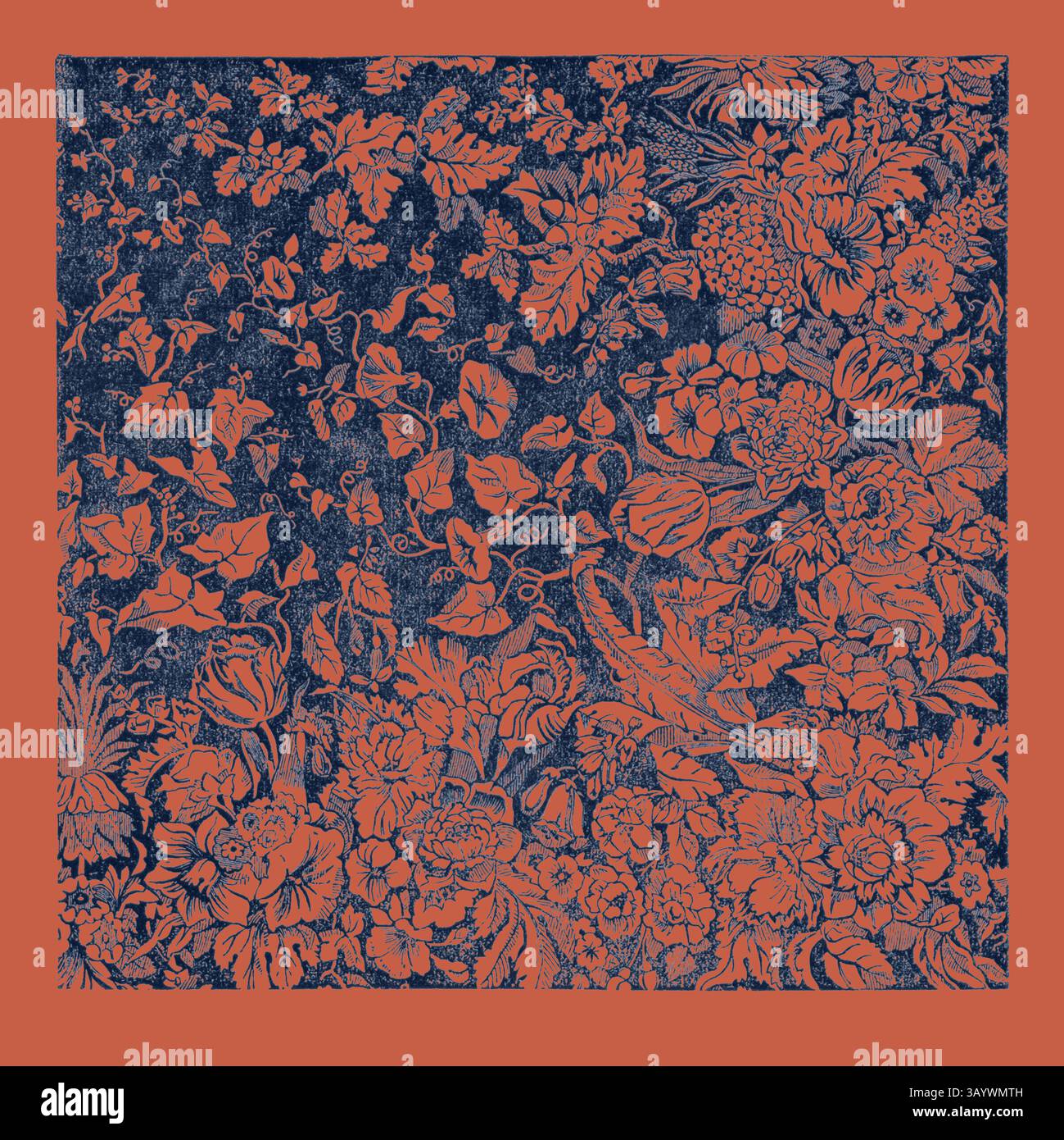 Ein lebhaftes Blumenmuster mit einem komplexen Arrangement aus verschiedenen Blüten und Blättern vor einem kontrastierenden Hintergrund. Das Design zeigt reiche Details, die Elemente der Natur mit künstlerischem Flair verbinden. Tischabdeckung, für Dewar, Son und Co. Klassische Kunst mit modernem Touch, neu interpretiert von Artotop Stockfoto