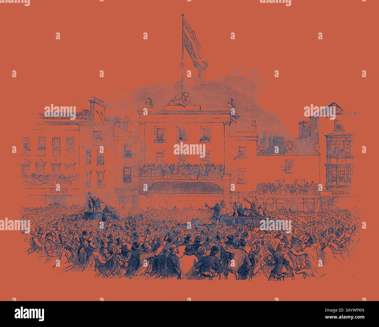 Eine große Menschenmenge versammelt sich vor einem prominenten Gebäude, das mit Fahnen geschmückt ist, während die Leute eine Veranstaltung feiern, möglicherweise eine Kundgebung oder eine öffentliche Ansprache. Die Atmosphäre ist voller Spannung und Vorfreude, die Zuschauer beobachten eifrig vom Balkon und von der Straße. M. Kossuth spricht an die Menschen aus dem Bürgermeisterhaus in Southampton, UK Classic Art mit einem modernen Twist, der von Artotop neu interpretiert wurde Stockfoto