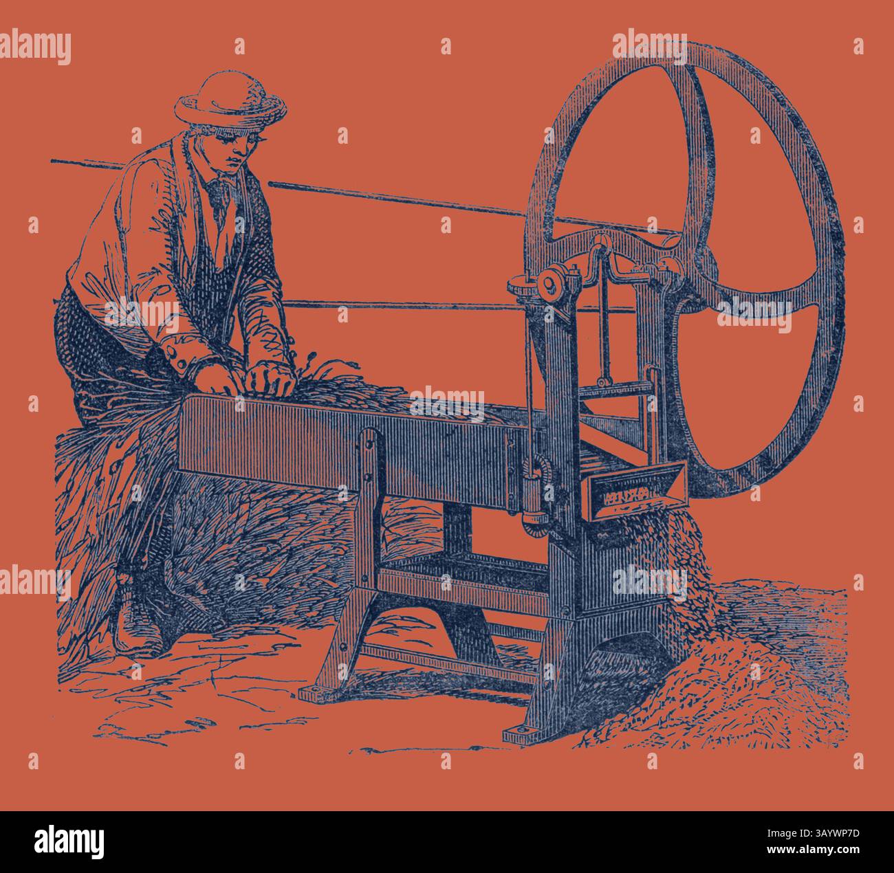 Ein Mann bedient ein großes, altmodisches Gerät, das geschickt mit Heu oder Stroh arbeitet. Die Szene fängt das Wesen des landwirtschaftlichen Lebens ein und zeigt traditionelle Methoden der Verarbeitung von Kulturpflanzen. Gilletts Guillotine Chaff Cutter Klassische Kunst mit modernem Touch, neu interpretiert von Artotop Stockfoto