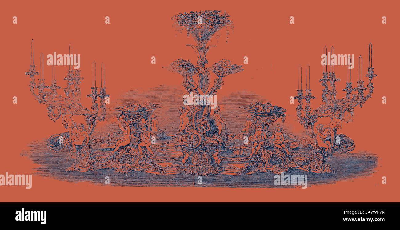 Ein kunstvoller Kandelaber mit aufwändigen Schnitzereien von Engeln und Blumenmotiven vor einem leuchtenden orangen Hintergrund. Das Design besticht durch elegante Details und ein Gefühl von Opulenz, das an eine reiche historische Kunstfertigkeit erinnert. Herzstück, Messrs. Widdowson und Veale Klassische Kunst mit einem modernen Touch, der von Artotop neu gestaltet wurde Stockfoto