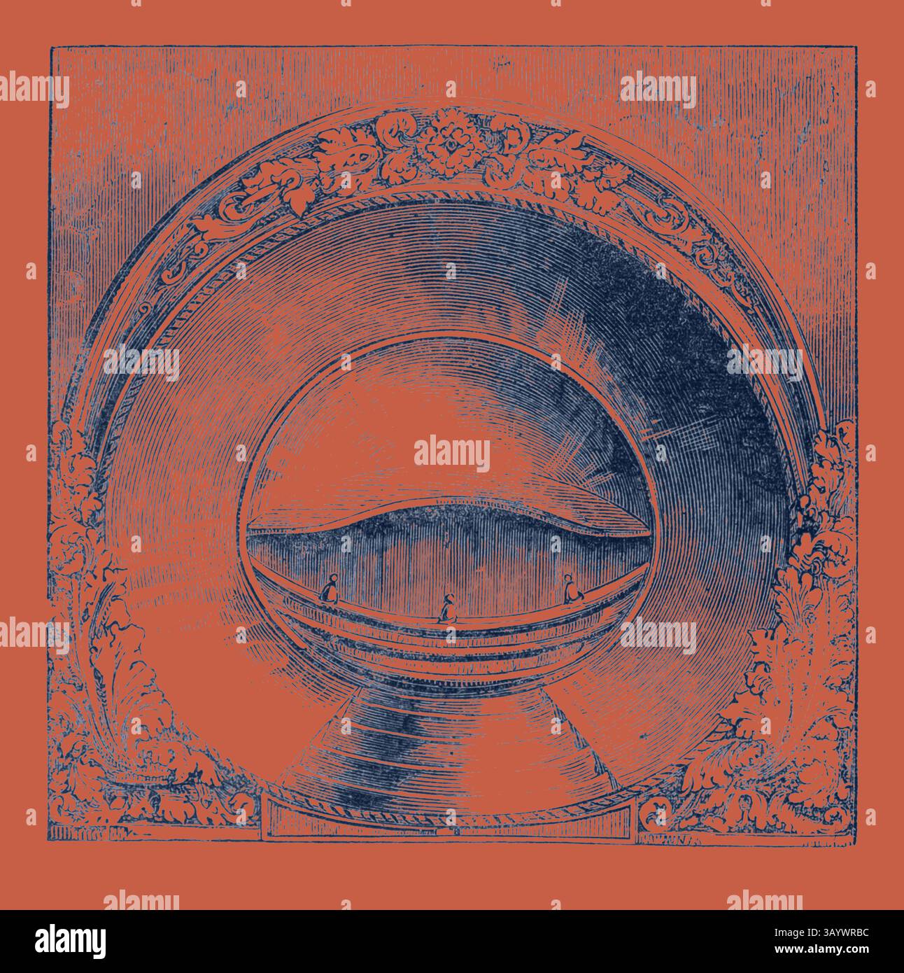 Eine detaillierte Gravur mit einer großen dekorativen Platte mit einer komplizierten Borte, die eine ruhige Landschaft mit sanften Hügeln und drei Figuren in einem kleinen Boot auf einem reflektierenden Wasserkörper zeigt. Herd Klassische Kunst mit modernem Touch, neu interpretiert von Artotop Stockfoto