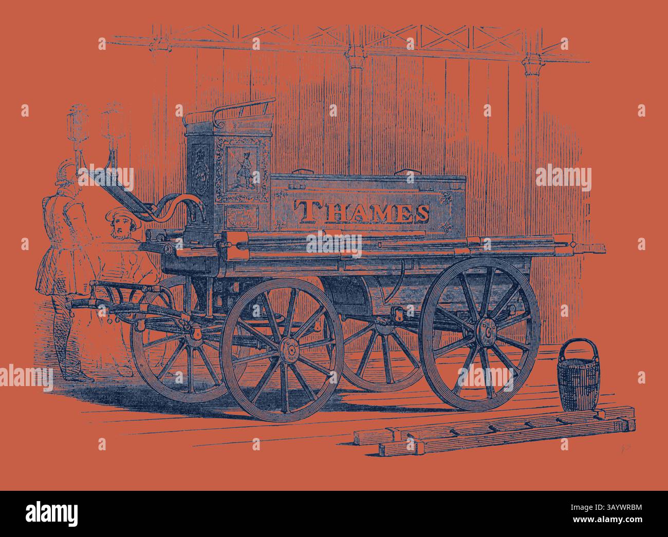 Ein aufwändig detailliertes Feuerwehrauto aus dem 19. Jahrhundert mit großen Holzrädern und einem prominenten Namensschild mit der Aufschrift „THEMSE“. Das Design zeigt klassische Handwerkskunst mit verzierten Elementen und einer Vintage-Ästhetik vor einem kontrastierenden Hintergrund. Feuerwehrauto Klassische Kunst mit modernem Touch, neu interpretiert von Artotop Stockfoto