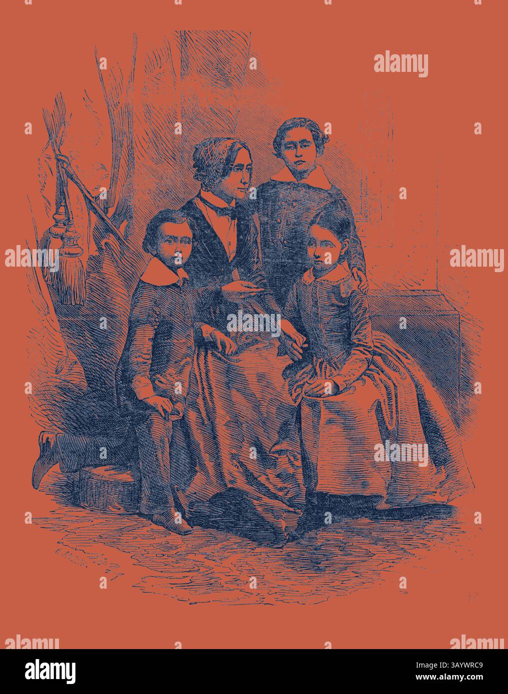 Ein historisches Porträt zeigt vier Frauen, die zusammen sitzen, in historischen Kleidern, die einen Moment familiärer oder freundschaftlicher Intimität zeigen, mit unterschiedlichen Ausdrucksformen, die ihre Persönlichkeit widerspiegeln. Der Hintergrund deutet auf eine häusliche Umgebung hin und fügt dem gemeinsamen Erlebnis einen Kontext hinzu. Madame Kossuth und ihre Kinder Klassische Kunst mit einem modernen Twist, die von Artotop neu interpretiert wurde Stockfoto