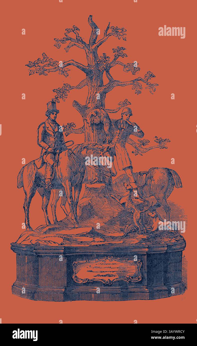 Eine detaillierte künstlerische Darstellung mit zwei montierten Figuren neben einem Baum, Tieren zu Füßen und dekorativen Elementen, die die Szene unterstreichen. Die Conyers Testimonial Classic-Kunst mit einem modernen Touch, neu gestaltet von Artotop Stockfoto