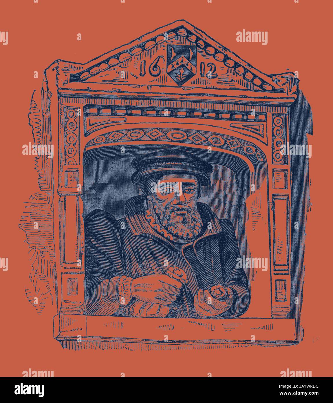 Eine würdevolle Figur in traditioneller Kleidung, eingerahmt von kunstvollen architektonischen Details. Der Ausdruck des Mannes spiegelt Weisheit und Autorität wider und deutet auf einen historischen Kontext aus dem frühen 17. Jahrhundert hin. Kunstwerke von William Lamb Classic mit einem modernen Touch, der von Artotop neu interpretiert wurde Stockfoto