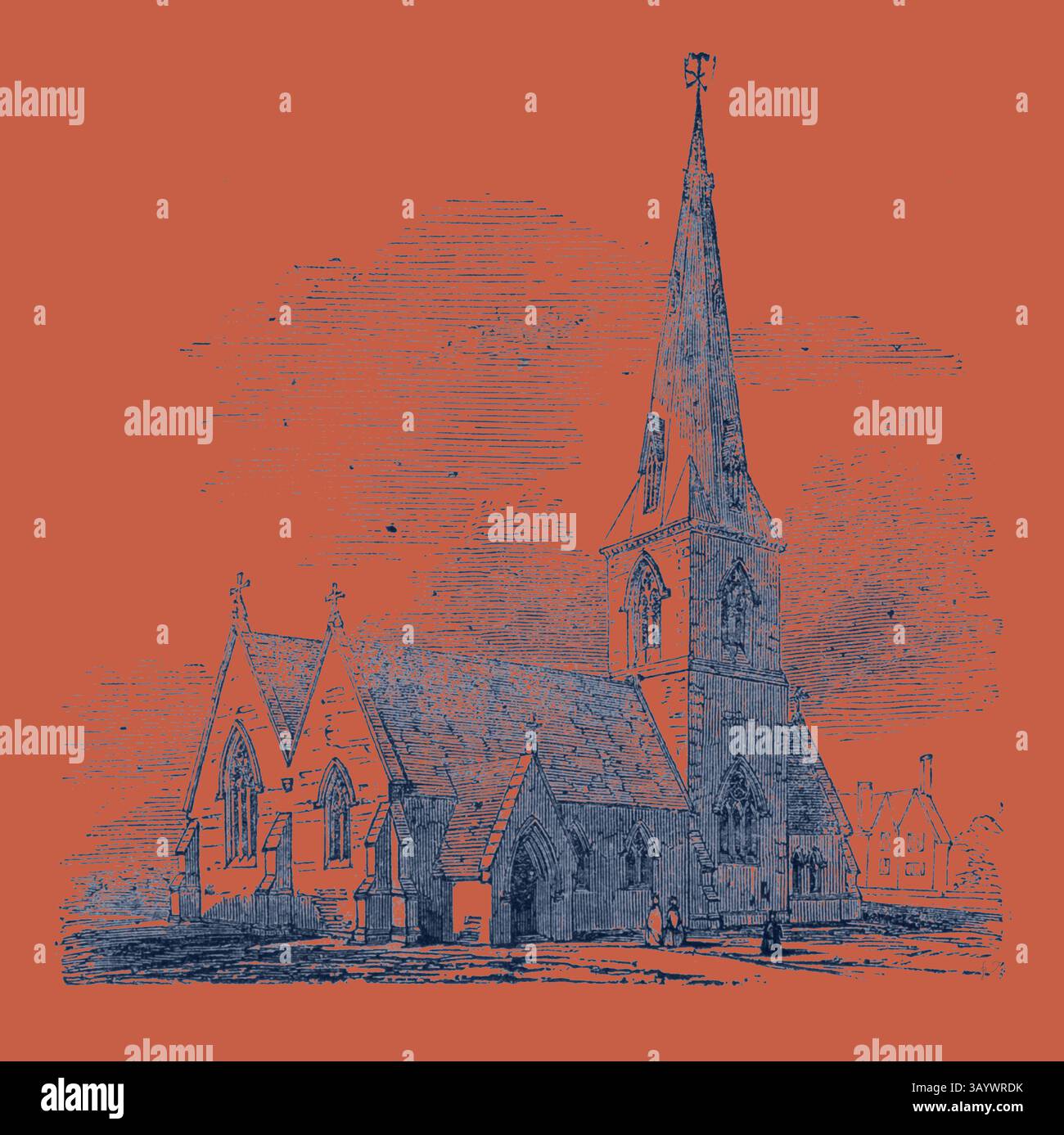 Eine eindrucksvolle Illustration einer hohen Kirche mit einem markanten Turm, die komplexe architektonische Details zeigt und von einer ruhigen Landschaft umgeben ist. Landscove New Church, Staverton, UK Klassische Kunst mit modernem Touch, neu interpretiert von Artotop Stockfoto