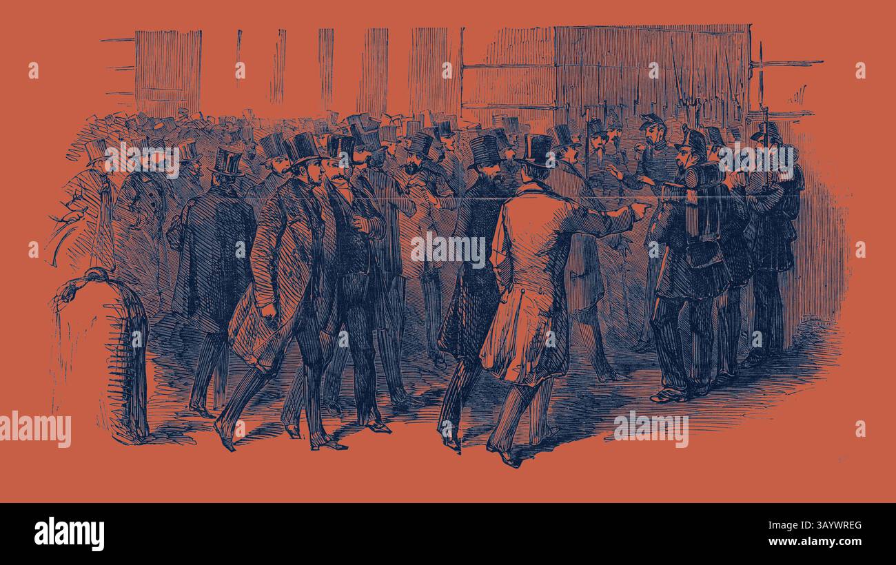 Eine Menge elegant gekleideter Personen in Top-Hüten und formeller Kleidung führt zu lebhaften Diskussionen vor dem Hintergrund einer lebhaften städtischen Umgebung. Die Szene fängt einen Moment der sozialen Interaktion und Verbindung während eines lebhaften Treffens ein. Revolution in Frankreich: Mitglieder fordern den Eintritt in ihren Legislativpalast, 1851 Klassische Kunst mit einem modernen Twist, neu interpretiert von Artotop Stockfoto