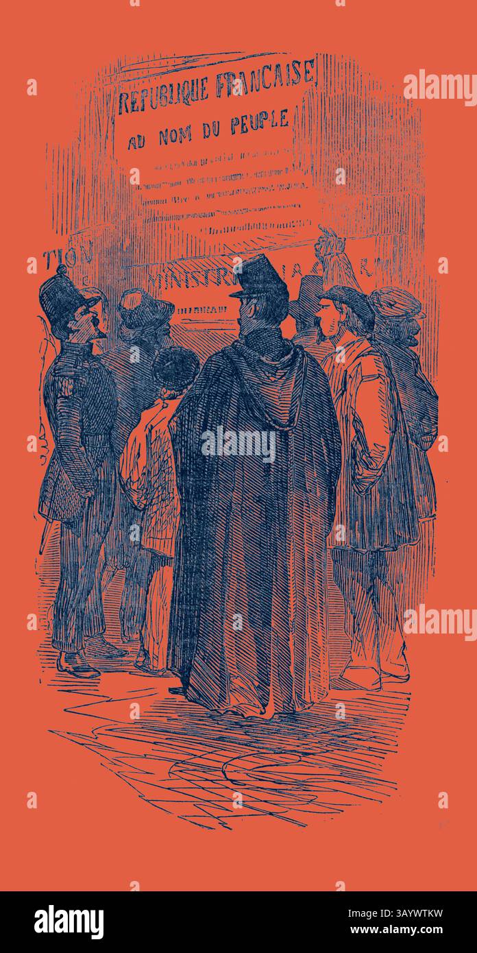 Eine Gruppe elegant gekleideter Individuen unterhält sich in der Nähe einer Ankündigung der Französischen Republik und zeigt ihre historische Kleidung und ihr Gemeinschaftsgefühl in einer historischen Umgebung. Die Revolution in Frankreich: Lesen der Proklamationen, 1851 Klassische Kunst mit einem modernen Twist, neu interpretiert von Artotop Stockfoto