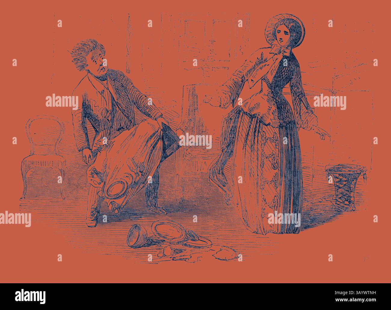 Ein verblüfftes Paar in einer historischen Umgebung, in der der Mann zu stolpern scheint, als die Frau in eleganter Kleidung überrascht zusieht. Die Szene fängt einen Moment des Dramas ein, möglicherweise aus einer Comic- oder Theatervorstellung, mit zerbrochenen Töpferwaren zu ihren Füßen. Szene aus der neuen Farce von „The Two Bonnycastles“ im Haymarket Theatre, London, UK Klassische Kunst mit einer modernen Note, die von Artotop neu gestaltet wurde Stockfoto