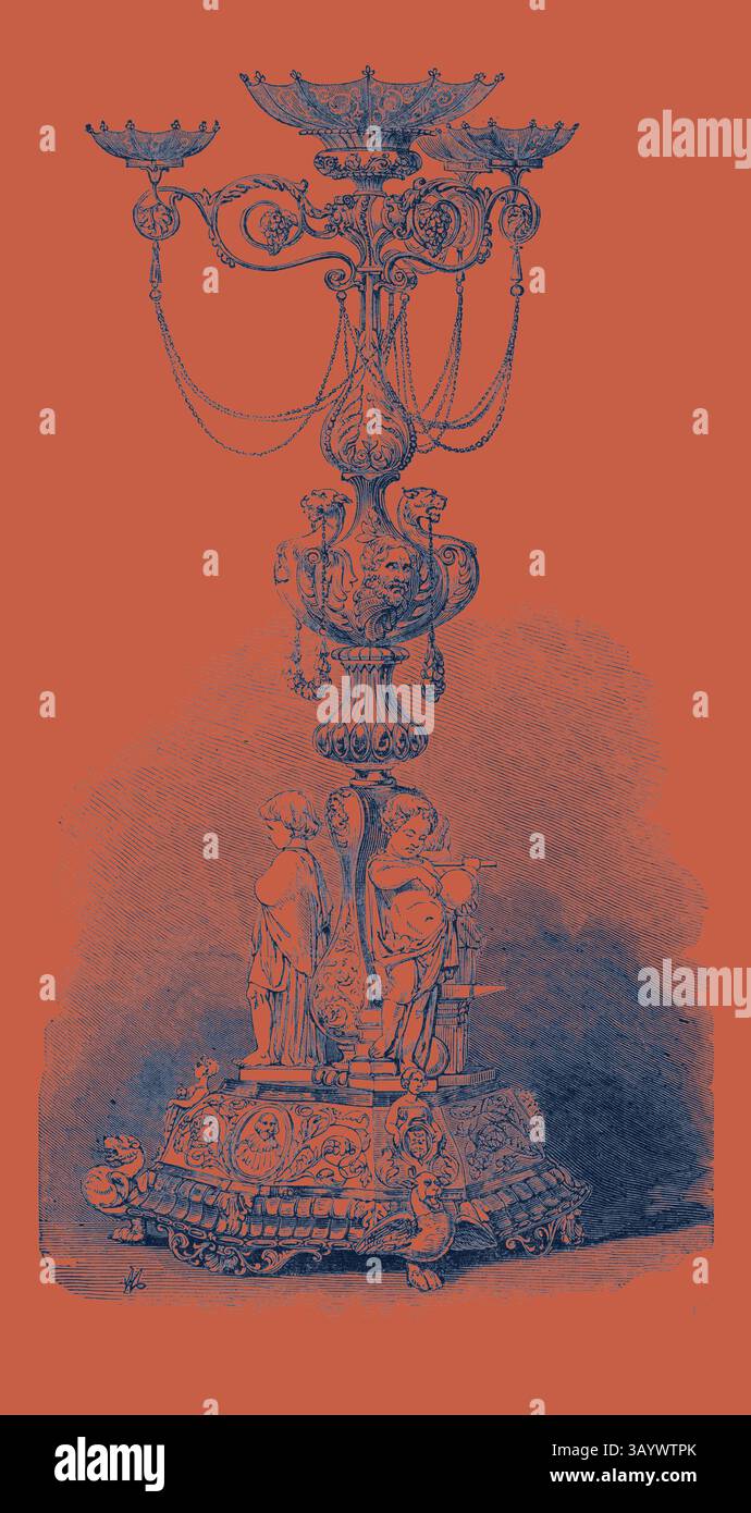 Eine kunstvoll verzierte Lampe verfügt über komplexe Details, darunter cherubische Figuren, dekorative Elemente und fließende Ketten, alle vor einem lebendigen Hintergrund. Das Design besticht durch eine Mischung aus Eleganz und künstlerischer Handwerkskunst. The Great Exhibition: Herzstück in Bronze Klassische Kunst mit einem modernen Touch, der von Artotop neu interpretiert wurde Stockfoto