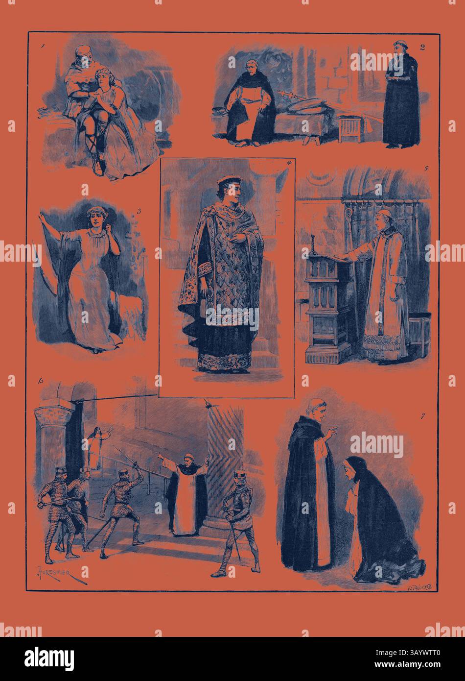 Eine Collage, die verschiedene Theaterszenen zeigt und Charaktere in aufwendigen Kostümen in dramatischen Posen zeigt. Die Bilder vermitteln ein Gefühl von Emotionen und Geschichten und zeigen historische oder fiktive Erzählungen durch Ausdruck und Kleidung. Lord Tennyson's Play of Becket, im Lyceum Theatre, London, Großbritannien: 1. König Heinrich und Rosamund in der Bower. 2. Becket Wartet Auf Sein Schicksal. 3. Rosamund (Miss Ellen Terry). 4. Becket Als Kanzler. 5. Becket in seinem Oratorium. 6. Das Martyrium von St. Thomas. 7. Becket gibt Rosamund seinen Segen, 1893 Gravur Klassische Kunst mit einem modernen Twist neu interpretiert Stockfoto