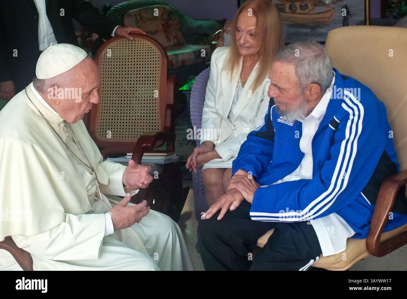 20. September 2015: Papst Franziskus trifft Fidel Castro bei einem Höflichkeitsbesuch im Palast der Revolution in Havanna, Kuba. Stockfoto