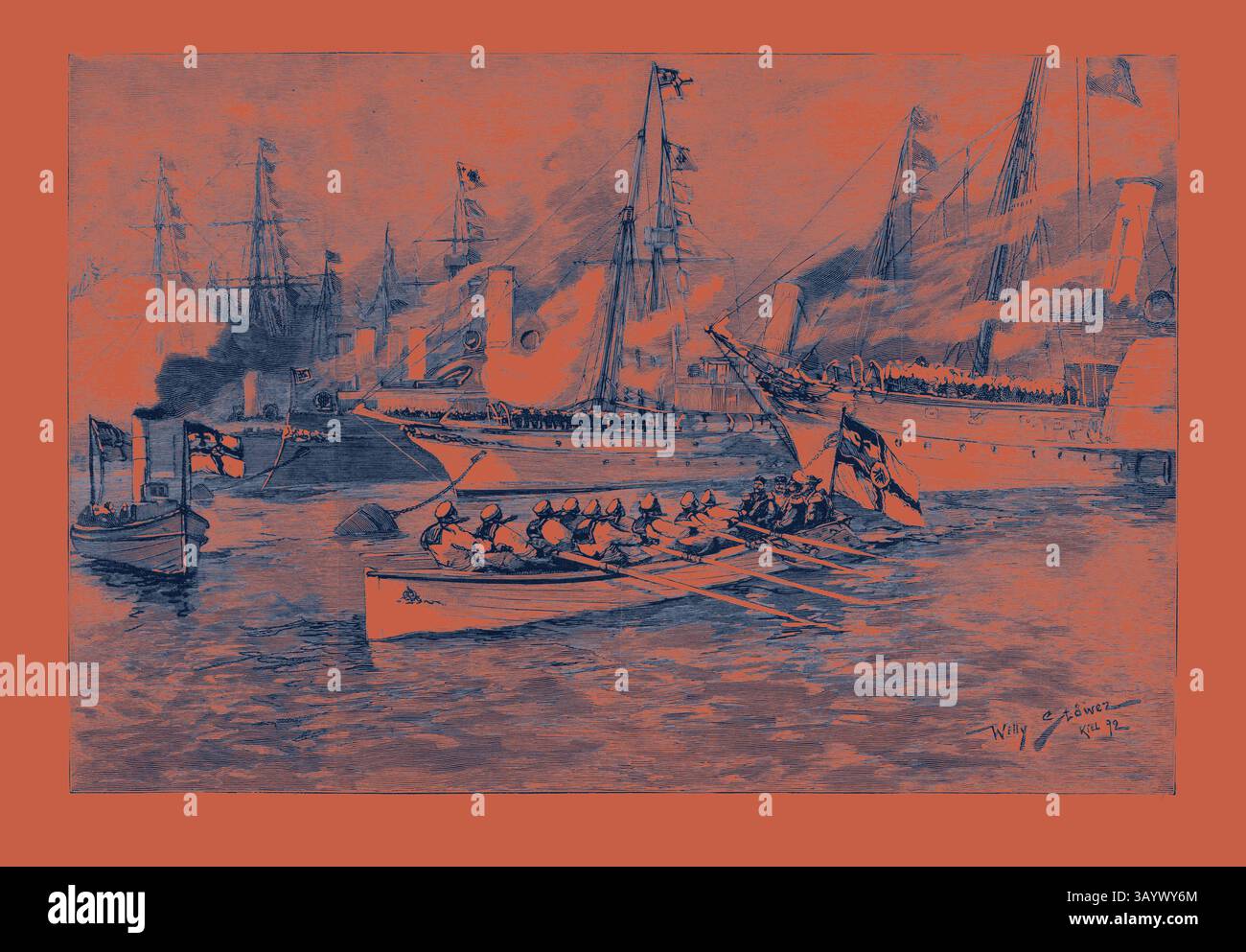 Eine geschäftige Marineszene zeigt eine Flotte von Schiffen in Aktion, mit Ruderbooten, die durch abgehackte Gewässer navigieren. Fahnen flattern im Wind, während die Seeleute fleißig arbeiten, was ein Gefühl für historisches maritimes Abenteuer und Teamwork zwischen Rauch und Segelschiffen weckt. Das Treffen der Kaiser von Russland und Deutschland in Kiel: Am Nachmittag besuchten der Zar und der Kaiser, der Czarewitsch und Prinz Heinrich von Preußen das deutsche Flaggschiff „Baden“ und gingen anschließend zu einem Start, um die Werke der Nord- und Ostsee-Kanal in Holtenau zu besichtigen., 1892 Gravur klassischer Kunst mit einem modernen Twist neu interpretiert von Stockfoto