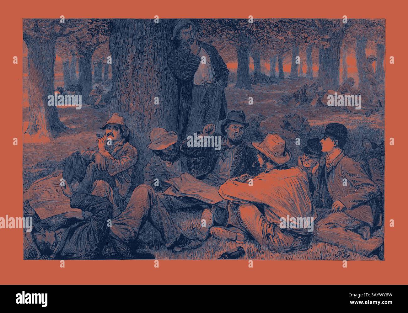 Eine Gruppe von Einzelpersonen, die sich im Schatten großer Bäume unterhalten, wobei einige locker sitzen und andere stehen, um eine Szene der Kameradschaft und der Freizeit darzustellen. Verschiedene Accessoires, darunter Hüte und Pfeifen, verleihen dem Treffen Charakter, während sie Geschichten und möglicherweise Neuigkeiten vor einer ruhigen Kulisse der Natur erzählen. The Labour Market in Australia: The Arbeitslose WHO are not Imagination for Employment, A Sketch in the Treasury Gardens, Melbourne, 1892 Gravur Classic Art with a modern Twist designed by Artotop Stockfoto
