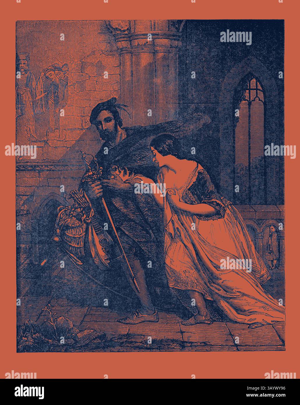 Eine dramatische Szene entfaltet sich, wenn eine Figur in dunkler Kleidung eine Krone hält, während eine Frau in einem fließenden Kleid ihn anspricht. Die Kulisse bietet gotische Architektur und schattige Silhouetten, die die Spannung ihrer Interaktion verstärken. The Gow Chrom and Louise, aus der Ausstellung der National Institution of the Fine Arts Classic Art mit einem modernen Touch, der von Artotop neu gestaltet wurde Stockfoto