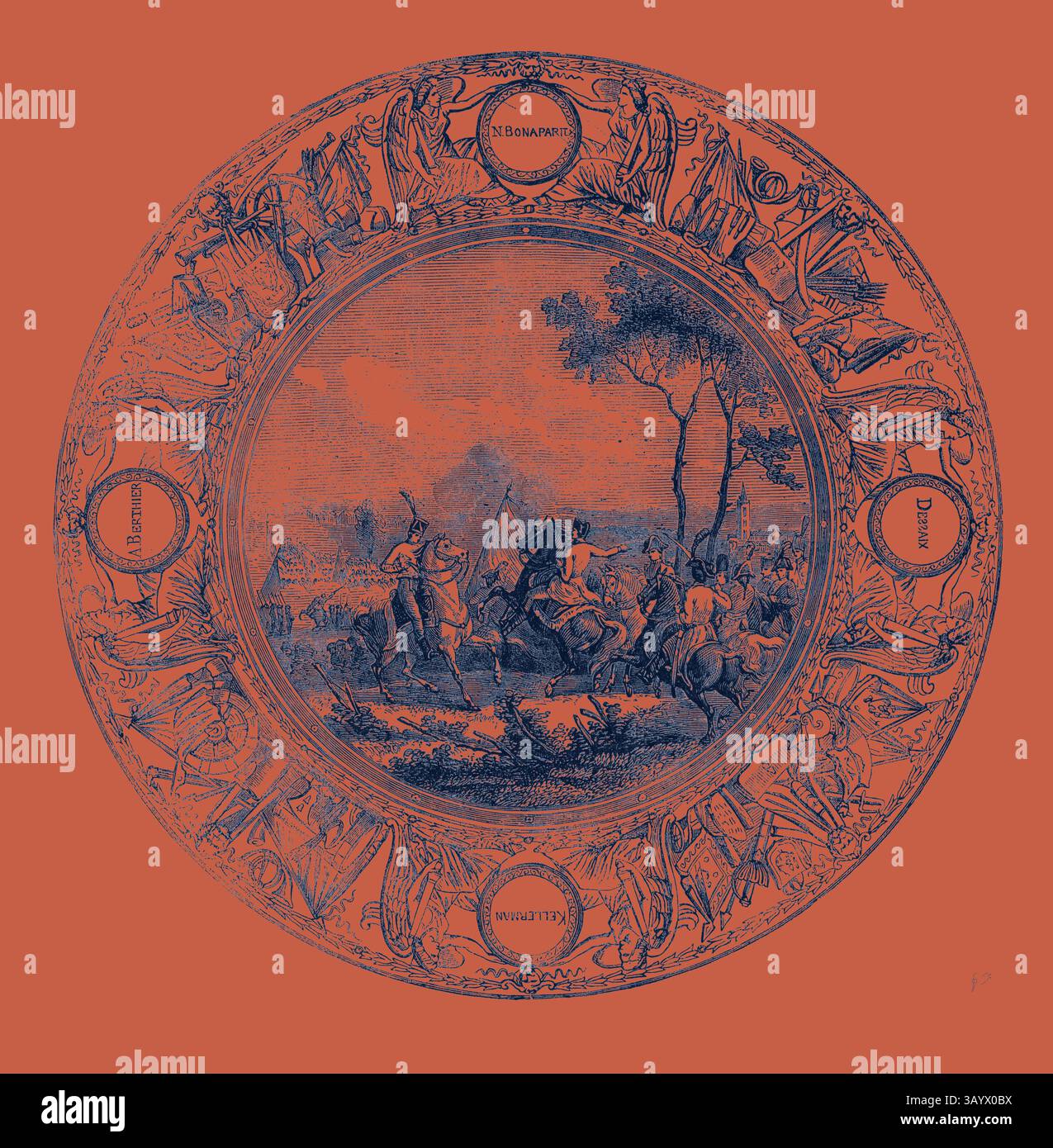 Eine kreisförmige Illustration mit einer zentralen Szene bewaffneter Figuren zu Pferd, die in einer Schlacht oder Jagd verwickelt sind, umgeben von verzierten dekorativen Elementen und komplizierten kleineren Bildern rund um den Umkreis, die jeweils mit Titeln beschriftet sind. Das Gesamtdesign strahlt ein historisches oder mythologisches Thema aus. Sevres Plate, gemalt mit einer Szene aus der Schlacht von Marengo, für Kaiser Napoleon I. Klassische Kunst mit einem modernen Touch, der von Artotop neu entworfen wurde Stockfoto