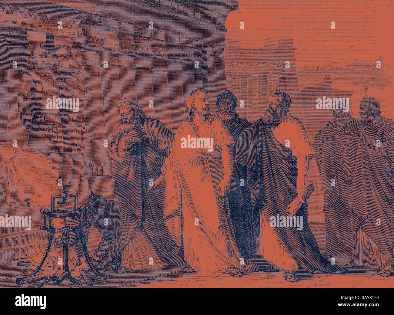 Eine Gruppe von antiken Philosophen und Gelehrten, die vor einer großen architektonischen Kulisse tief diskutiert wurden. Ihre Äußerungen spiegeln die Kontemplation und Debatte wider und zeigen einen Moment des intellektuellen Austauschs hervor. Heron führt ein Experiment mit einem Äolipil vor den Schülern der School of Alexandria Classic Art mit einem modernen Twist durch, der von Artotop neu interpretiert wurde Stockfoto