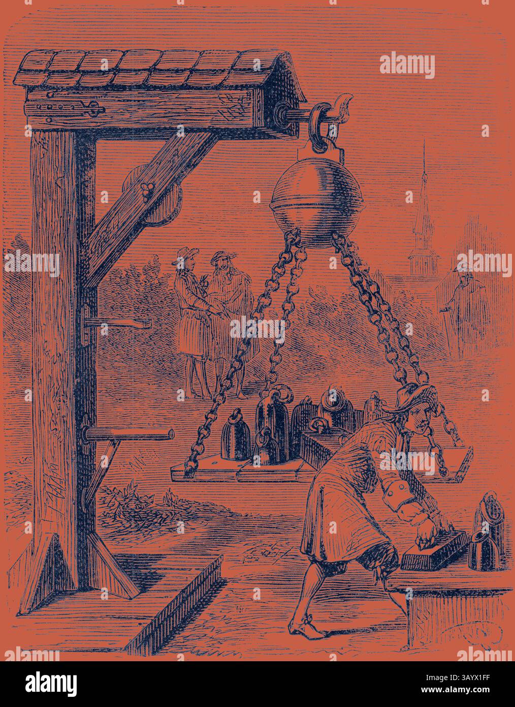 Eine historische Szene, die eine große mechanische Waage zum Wiegen von Gütern darstellt, bei der eine Person fleißig Gegenstände auf der Plattform platziert. Im Hintergrund beobachten Zahlen den Prozess und deuten auf eine Marktplatz- oder Handelsumgebung hin. Die Struktur verfügt über einen robusten Holzrahmen und ein kompliziertes Flaschensystem. Die Halbkugeln der Magdeburger Klassischen Kunst mit einem modernen Touch, der von Artotop neu interpretiert wurde Stockfoto