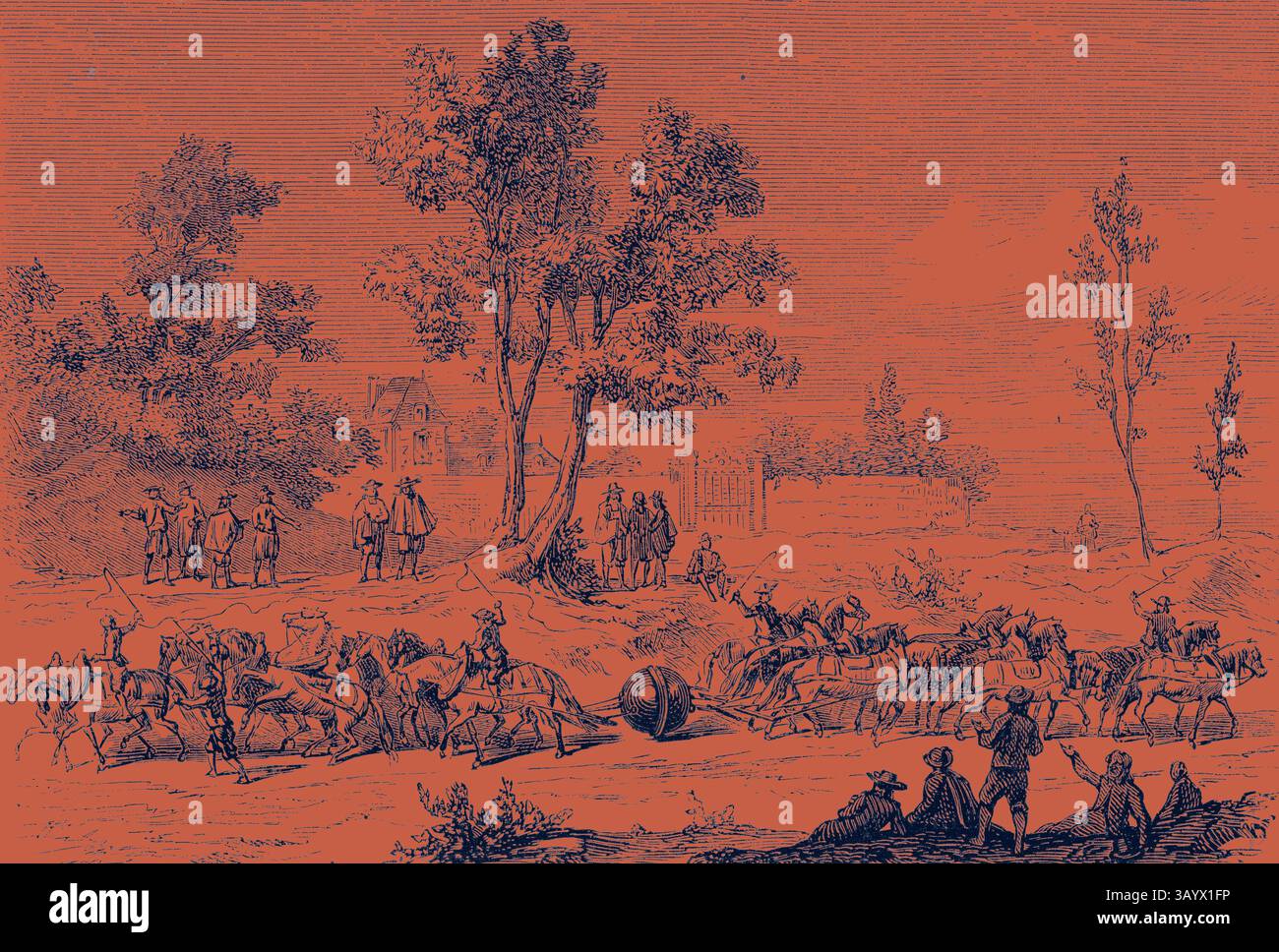 Eine geschäftige Szene, die eine Gruppe von Menschen zeigt, die sich in der Nähe eines Flusses versammeln, mit Pferden und Wagen in Bewegung, während andere sich im Schatten der Bäume unterhalten. Die Landschaft fängt einen Moment der Gemeinschaft und Aktivität ein und zeigt traditionelle Kleidung und den Charme des ländlichen Lebens. Otto von Guericke führt das Experiment der Magdeburger Hemisphären mit 24 Pferden durch Klassische Kunst mit einem modernen Twist, neu interpretiert von Artotop Stockfoto