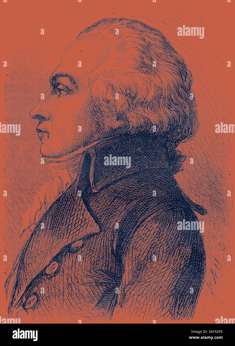 Ein würdevolles Profil eines Mannes aus dem 18. Jahrhundert, mit aufwändigen Haaren, einem Mantel mit hohem Kragen und komplizierten Details, die die Mode und den Stil dieser Zeit widerspiegeln. Jacques-Constantin Périer Klassische Kunst mit modernem Touch, neu gestaltet von Artotop Stockfoto