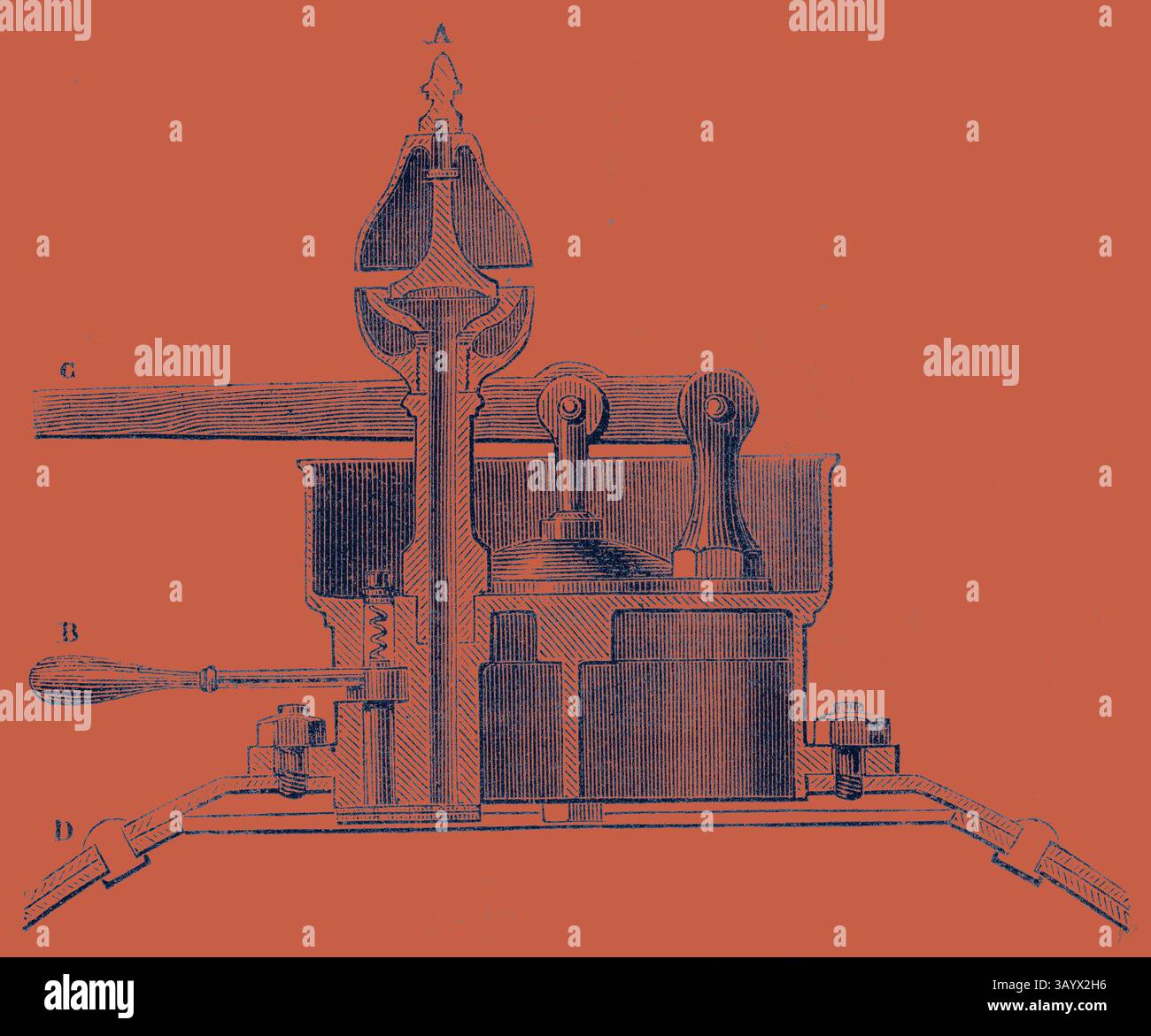 Eine komplizierte Abbildung einer mechanischen Vorrichtung mit einer Kombination aus Hebeln, Kolben und Zahnrädern, die für eine bestimmte Funktion in der Konstruktion oder Fertigung entwickelt wurde. Die Bauteile sind für Klarheit beschriftet und zeigen die handwerkliche Handwerkskunst der Epoche. Sicherheitsventil und Whistle Classic Art mit einem modernen Twist von Artotop Stockfoto