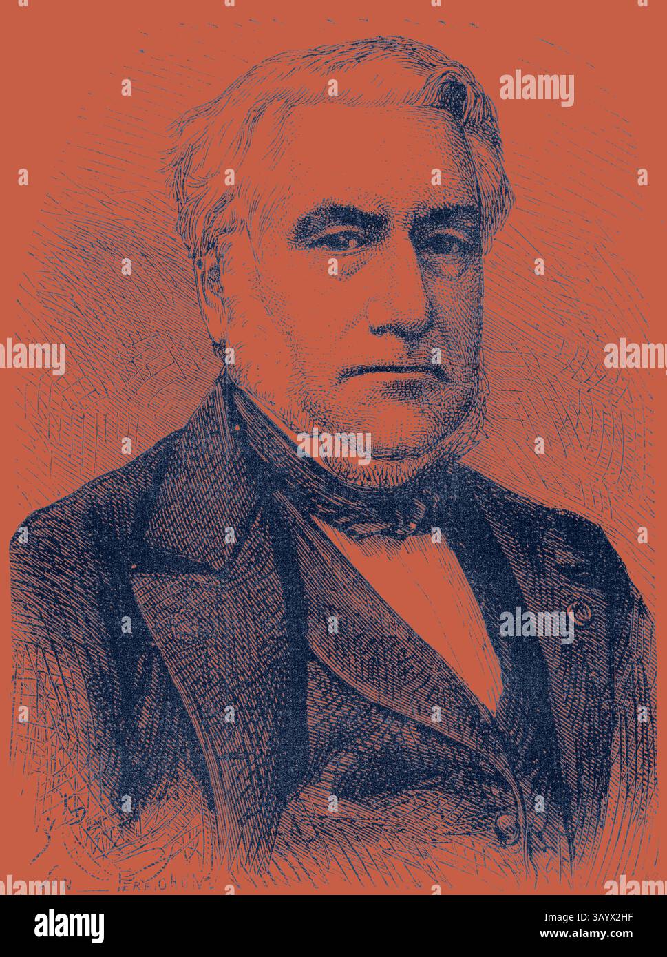 Ein ausgezeichneter Mann mittleren Alters mit nachdenklichem Ausdruck, in formeller Kleidung mit einer Fliege und einem hohen Kragen gekleidet. Sein Haar ist ordentlich gestylt und er hat einen gepflegten Bart. Der Hintergrund ergänzt sein ernstes Verhalten. Paulin Talabot Direktor der Eisenbahn Paris-Lyon-Méditerranée Klassische Kunst mit einem modernen Touch, der von Artotop neu gestaltet wurde Stockfoto