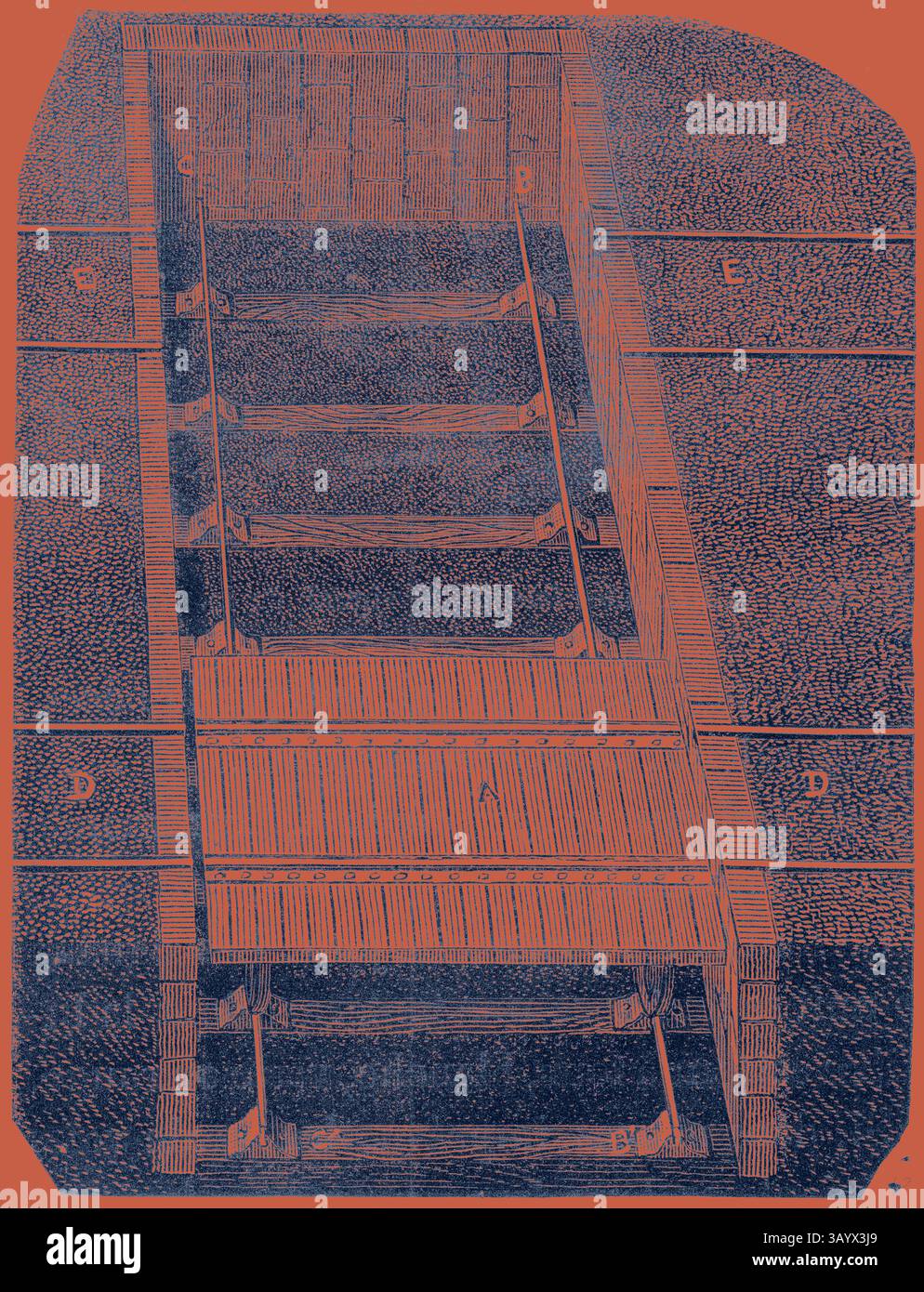 Eine detaillierte Abbildung eines Treppenflugs mit einem einzigartigen Design, gekennzeichnet durch Holzlatten und ein strukturiertes Layout. Die Schritte scheinen in einen Raum zu führen, wobei beschriftete Abschnitte die Klarheit der Konstruktion verbessern. A Cart and Ditch to Change the Railway Gleise Klassische Kunst mit einem modernen Twist, neu interpretiert von Artotop Stockfoto