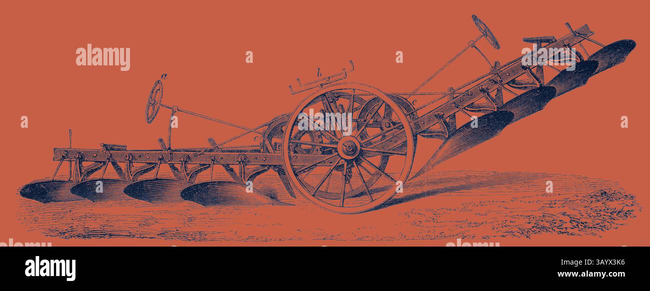 Ein kompliziertes Pflugdesign zeigt eine Reihe scharfer Klingen, die auf einem Radgerüst montiert sind und die Innovationen in der Landwirtschaft und die Mechanik der Landwirtschaft hervorheben. M. Fowler's Steam Plough Klassische Kunst mit modernem Touch, neu interpretiert von Artotop Stockfoto
