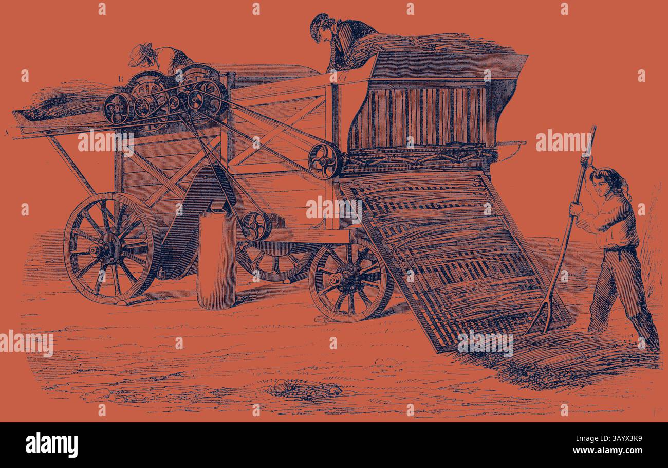 Eine historische Szene, in der Landarbeiter eine große Landwirtschaftsmaschine bedienen, die für die Ernte konzipiert ist, wobei eine Person oben auf der Maschine den Prozess überwacht, während eine andere mit einem Stab auf dem Boden sitzt. In diesem Rahmen werden die Arbeitskräfte und Technologien traditioneller landwirtschaftlicher Praktiken hervorgehoben. Maschinenbau zum Bezwingen von Körnerrollen Klassische Kunst mit einem modernen Twist von Artotop Stockfoto