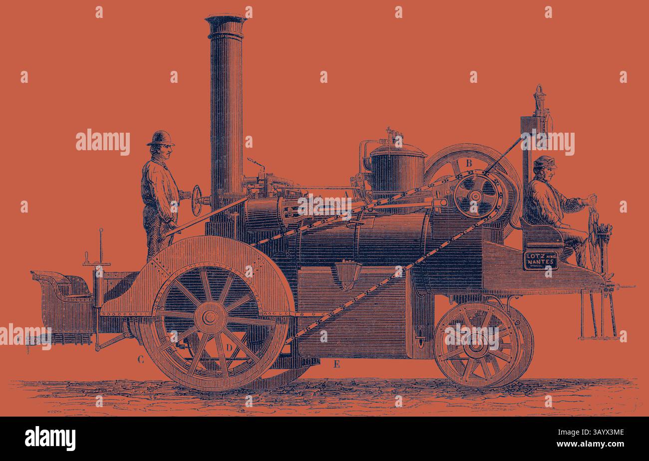 Eine alte Dampflokomotive mit markanten Rädern, einem hohen Kamin und zwei Fahrern – ein Fahrer vorne und ein Ingenieur hinten – veranschaulicht die frühe Industrietechnik. Das Design zeigt komplizierte Maschinen und historische Details der Epoche. Traktions- oder Dampfwagen, erfunden von M. Lotz aus Nantes Classic Art mit einem modernen Twist, der von Artotop neu interpretiert wurde Stockfoto
