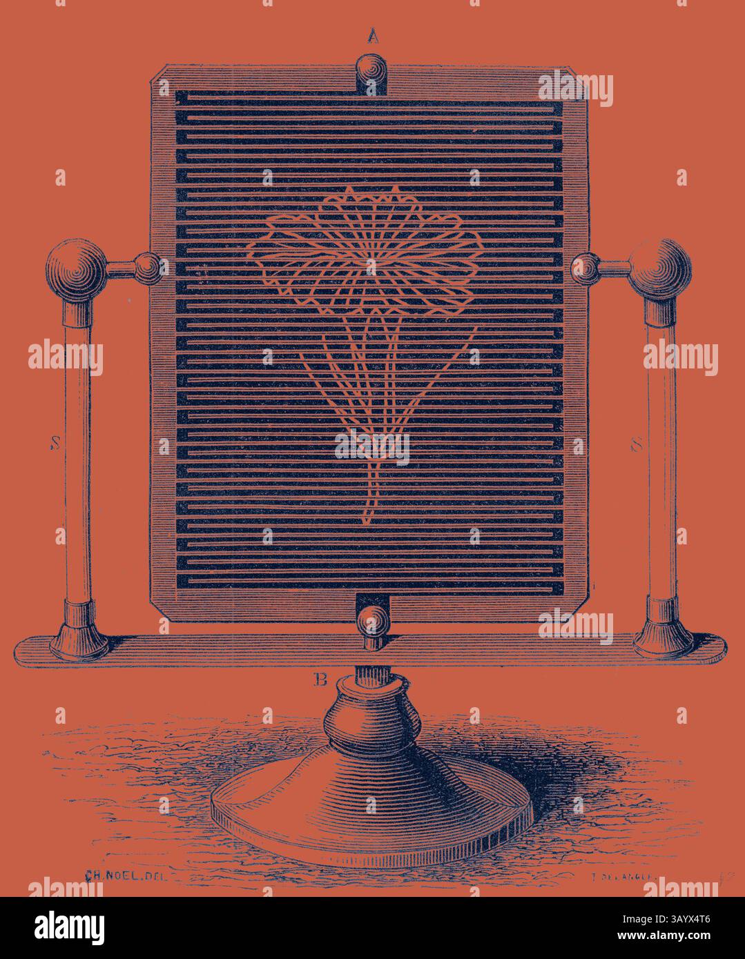 Ein kompliziertes Blumendesign wird auf einem strukturierten Hintergrund sorgfältig umrissen, eingerahmt von einer Reihe horizontaler Linien, die einen auffälligen Kontrast zur lebendigen Kulisse bilden. Magic Table Klassische Kunst mit modernem Touch, neu interpretiert von Artotop Stockfoto