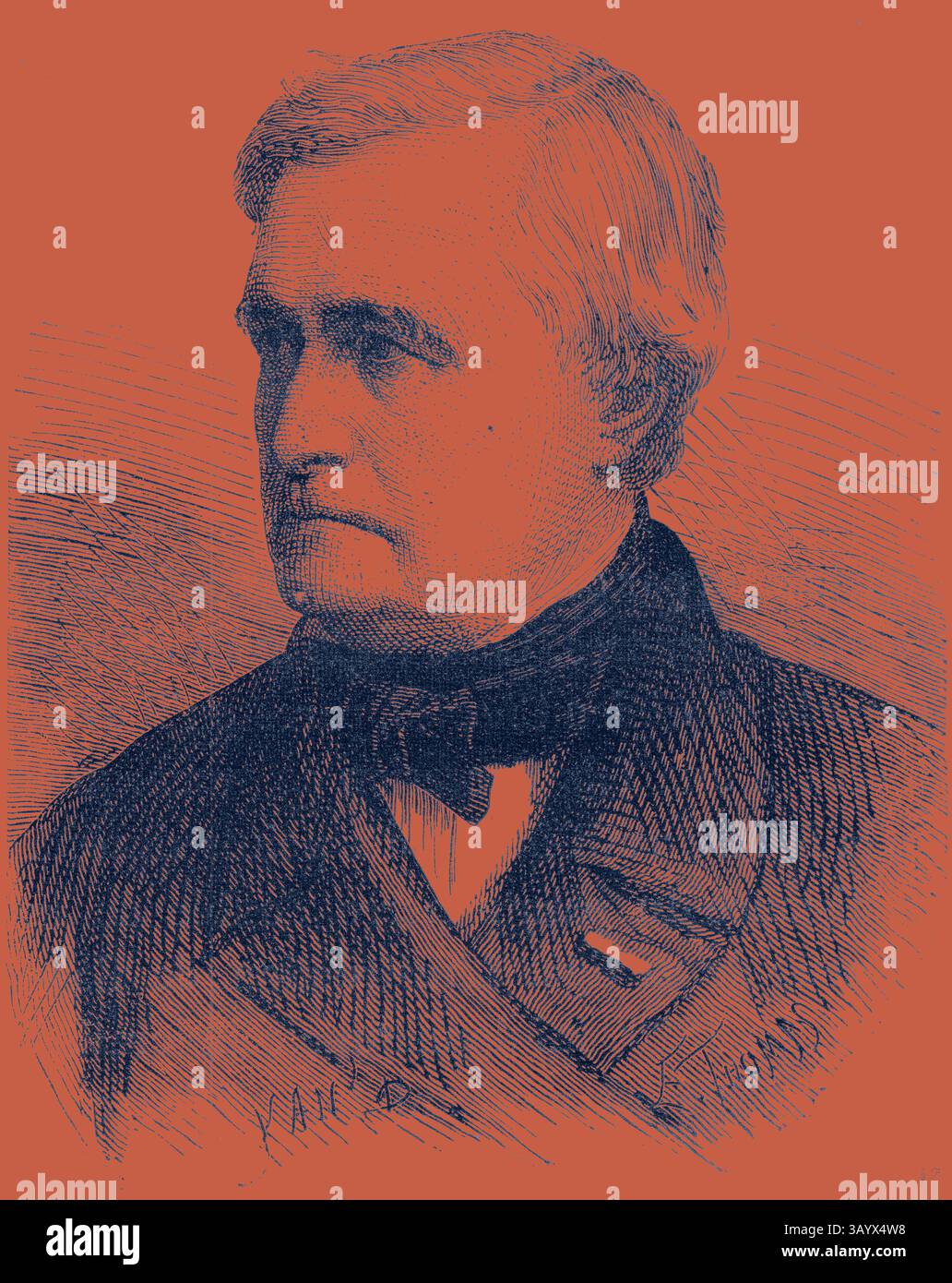 Ein ausgezeichneter Mann mit einem nachdenklichen Ausdruck, der einen formellen Mantel und ein hoch gestaltetes Hemd trägt, strahlt ein Gefühl von Ernsthaftigkeit und Autorität aus. M. Pouillet Klassische Kunst mit modernem Touch, neu interpretiert von Artotop Stockfoto