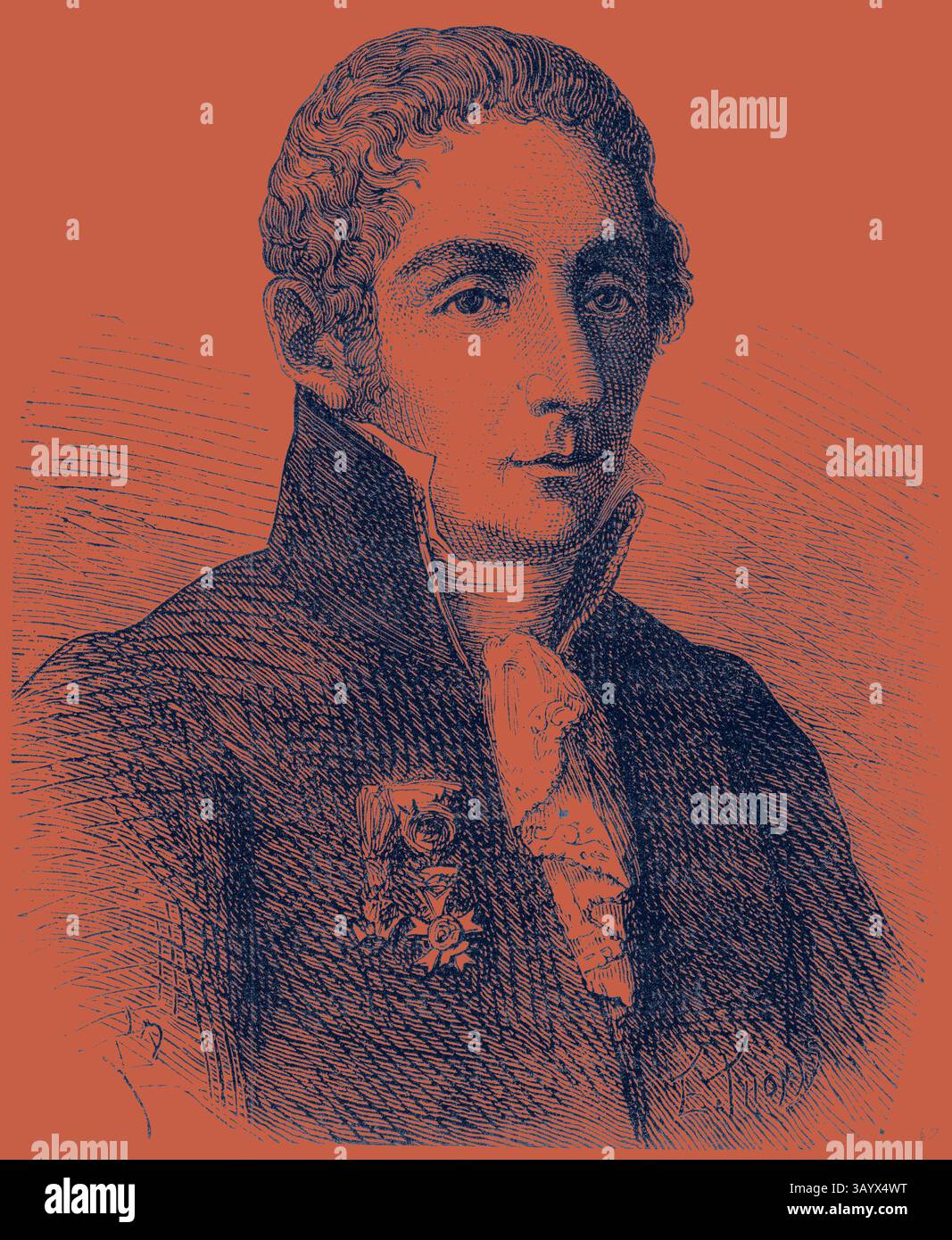 Ein Porträt eines jungen Mannes mit einem ausgezeichneten Verhalten, gekleidet in einem hohen Mantel mit einem Emblem, der einen Hauch von Adel und Raffinesse ausstrahlt. Alessandro Volta Klassische Kunst mit modernem Touch, neu interpretiert von Artotop Stockfoto