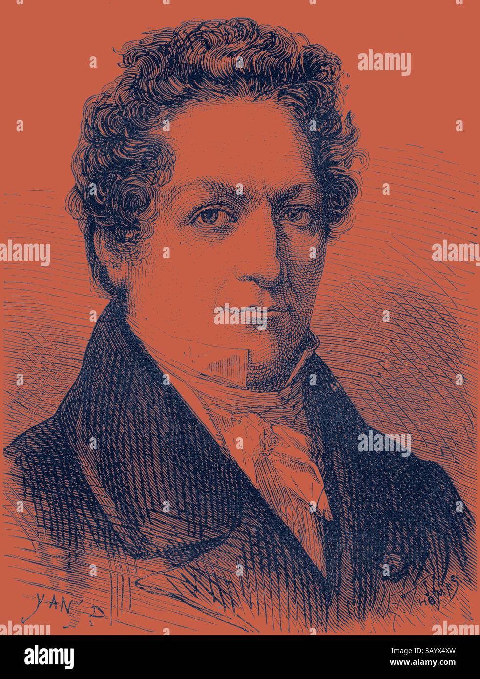 Ein angesehener Herr mit lockigem Haar, gekleidet in einem hohen Kragen und Krawatte, blickt selbstbewusst nach vorne und strahlt einen Hauch von Intellekt und Eleganz aus. Seine ausdrucksstarken Eigenschaften und die klar definierten Linien deuten auf einen nachdenklichen Charakter hin. Louis Jacques Thénard Klassische Kunst mit modernem Touch, neu gestaltet von Artotop Stockfoto