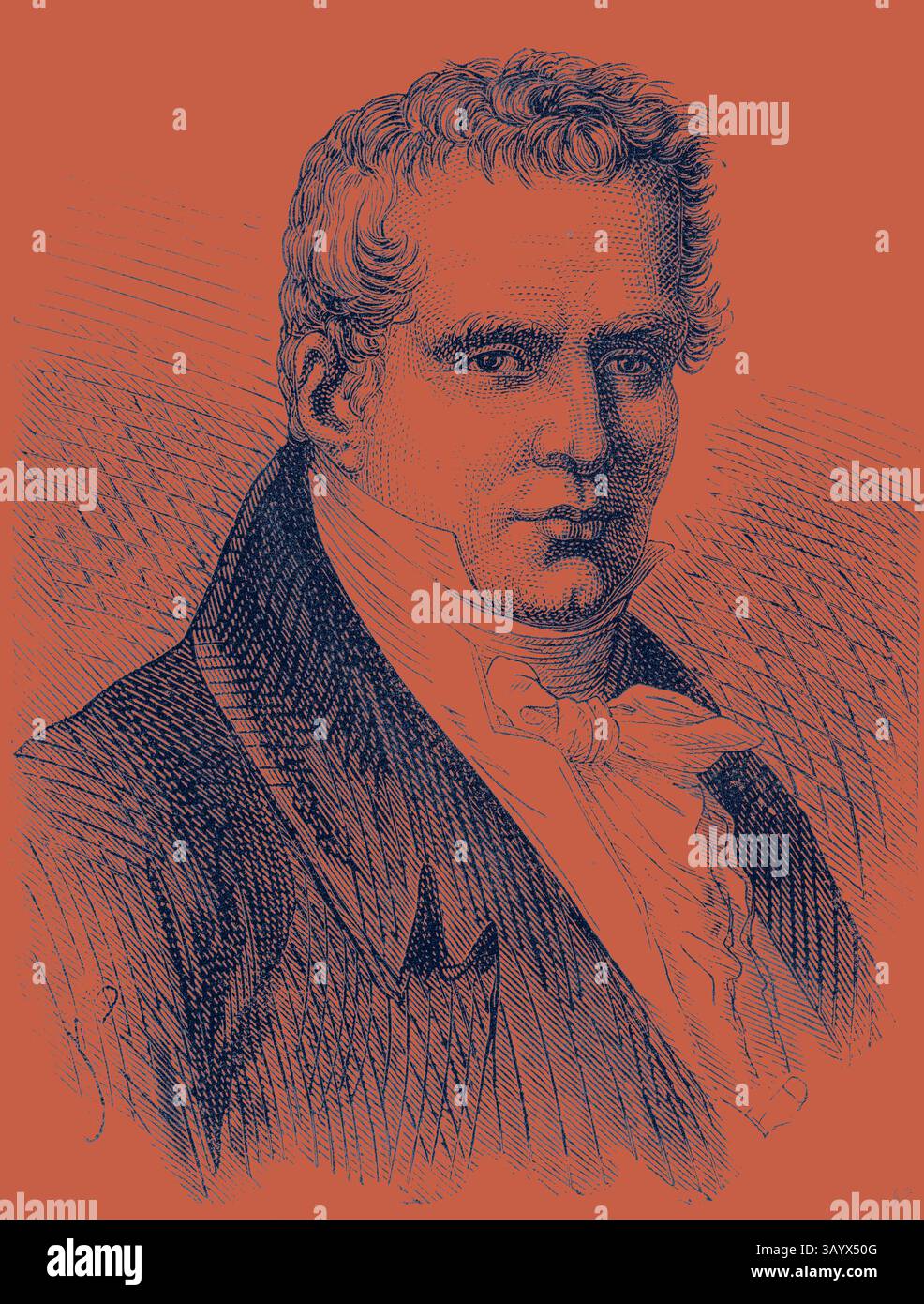 Ein formelles Porträt eines Mannes mit lockigen Haaren, der einen hohen Kragen und eine Krawatte trägt und ein Gefühl von Autorität und Raffinesse ausstrahlt. Der Hintergrund weist ein strukturiertes Muster auf, das dem Bild Tiefe verleiht. Alexandre de Humboldt Klassische Kunst mit modernem Touch, neu interpretiert von Artotop Stockfoto