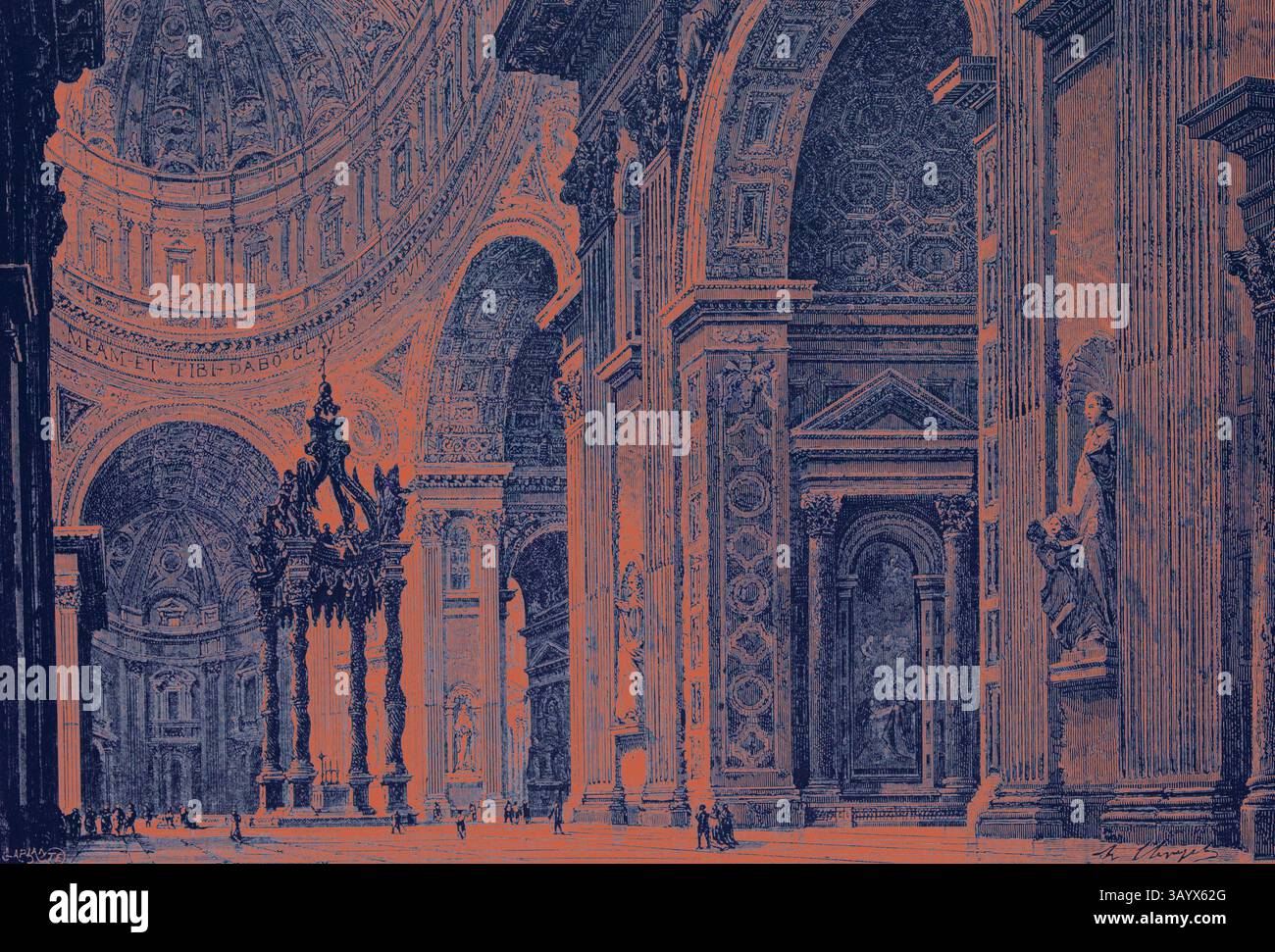 Die detailreiche Inneneinrichtung zeigt eine großartige Architektur mit hoch aufragenden Säulen, kunstvollen Bögen und kunstvollen Skulpturen. Das Zusammenspiel von Licht und Schatten unterstreicht die majestätische Struktur und lenkt die Aufmerksamkeit auf ihre beeindruckende Größe und künstlerische Elemente. Einige Figuren sind sichtbar und verleihen diesem herrlichen Raum ein Gefühl von Größe. Rom Italien 1875 Innenraum des Petersdoms aus dem linken Querschiff Klassische Kunst mit einem modernen Touch, der von Artotop neu gestaltet wurde Stockfoto