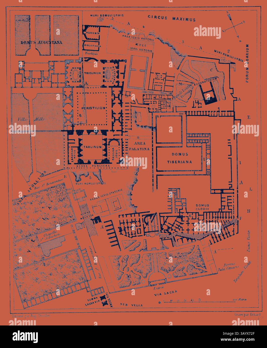 Ein detailliertes architektonisches Layout, das die antiken römischen Strukturen und ihre Arrangements zeigt und prominente Orte wie den Circus Maximus und verschiedene Domuskomplexe hervorhebt, dargestellt in einem kontrastreichen Farbschema. Rom Italien 1875 Plan der Ausgrabungen auf dem Palatin Klassische Kunst mit einem modernen Twist, der von Artotop neu gestaltet wurde Stockfoto