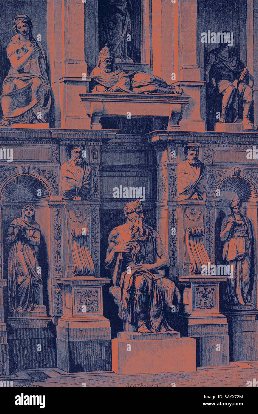 Eine großartige architektonische Umgebung mit komplizierten Säulen und verschiedenen klassischen Skulpturen, einschließlich einer prominenten Figur von Moses im Sitzen, umgeben von anderen historischen Figuren und kunstvollen Details. Rom Italien 1875 Mausoleum von Julius II. Der Moses von Michelangelo Klassische Kunst mit einem modernen Twist, neu interpretiert von Artotop Stockfoto