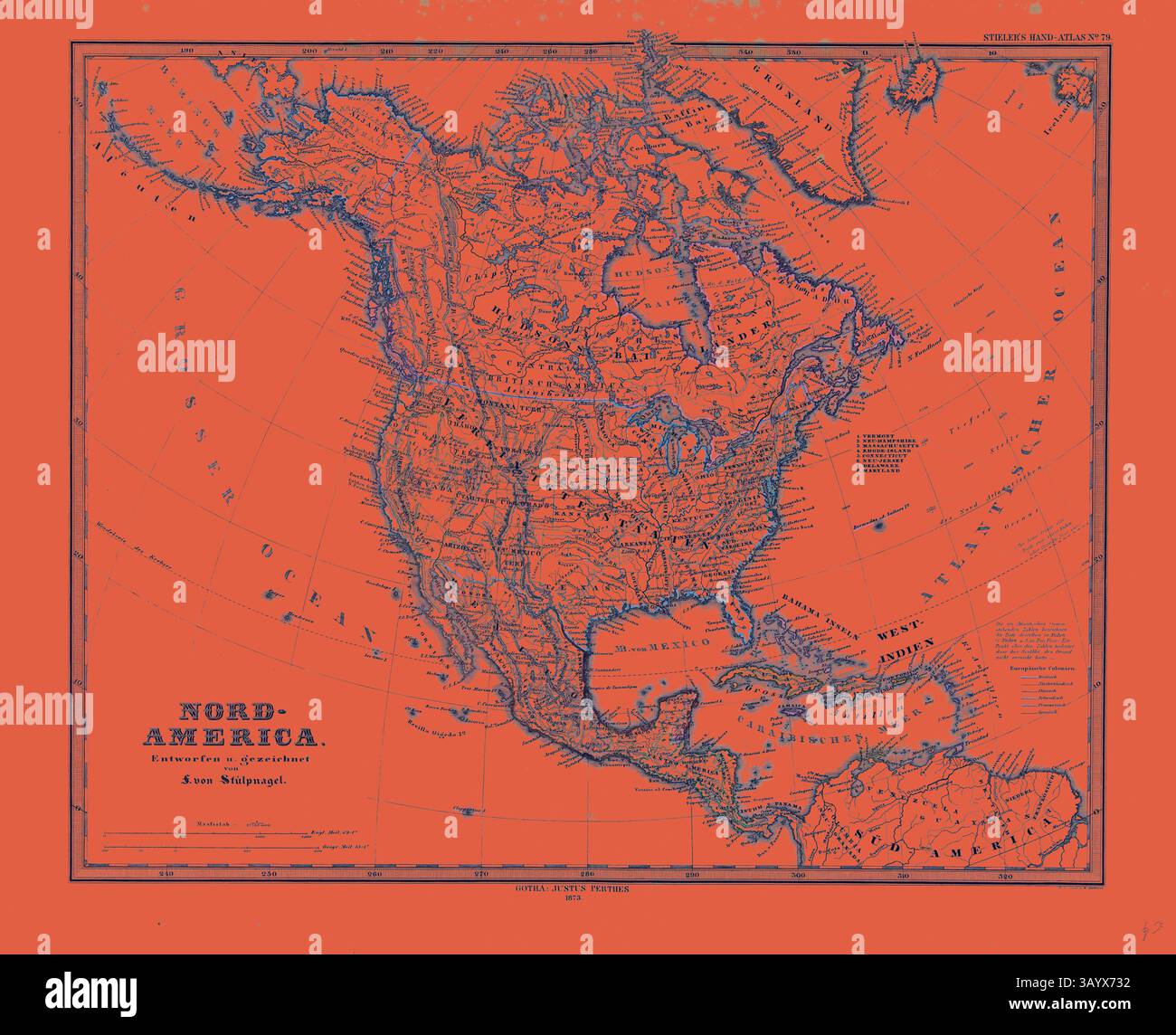 Eine detaillierte Karte von Nordamerika mit geografischen Merkmalen, Grenzen und Ortsnamen, präsentiert vor einem leuchtenden orangefarbenen Hintergrund. Karte Nordamerika Gotha Justus Perthes Atlas 1872. Perthes Johan Georg Justus 1749 1816 Deutscher Verlag wurde 1749 in Rudolstadt geboren. 1785 gründete er in Gotha The Business, das seinen Namen Justus Perthes trägt. Dazu gesellte sich 1814 sein Sohn Wilhelm 1793 1853. Er legte den Grundstein für die geographische Niederlassung des Unternehmens, für die es vor allem durch die Veröffentlichung des and-Atlas (1817–1823) von Adolf Stieler (1775–1836) bekannt ist. Wilhelm Stockfoto