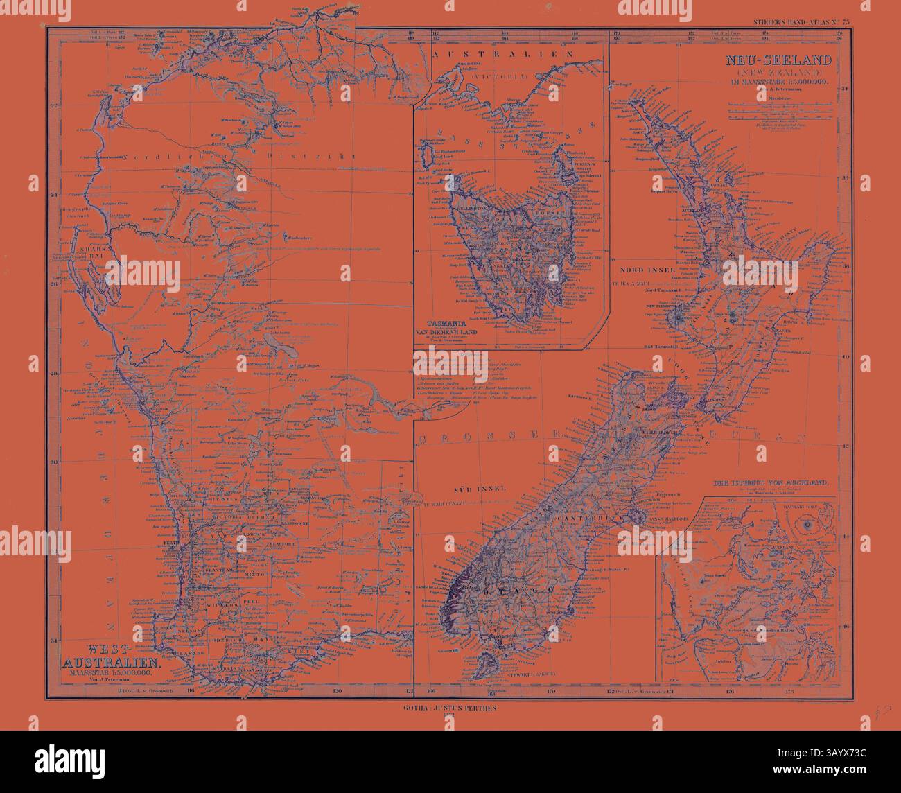 Eine lebendige Karte, die die geografischen Besonderheiten und politischen Grenzen Neuseelands und Australiens darstellt, mit detaillierten Anmerkungen und eingebetteten Karten, die bestimmte Regionen hervorheben. Die kräftigen Farbkontraste unterstreichen das Layout der verschiedenen Orte und Wasserstraßen und bieten eine eindrucksvolle visuelle Darstellung der Gegend. Neuseeland Australien Gotha Justus Perthes Atlas 1872. Perthes Johan Georg Justus 1749 1816 Deutscher Verlag wurde 1749 in Rudolstadt geboren. 1785 gründete er in Gotha The Business, das seinen Namen Justus Perthes trägt. Dazu gesellte sich 1814 sein Sohn Wilhelm 1793 1853. Er Stockfoto