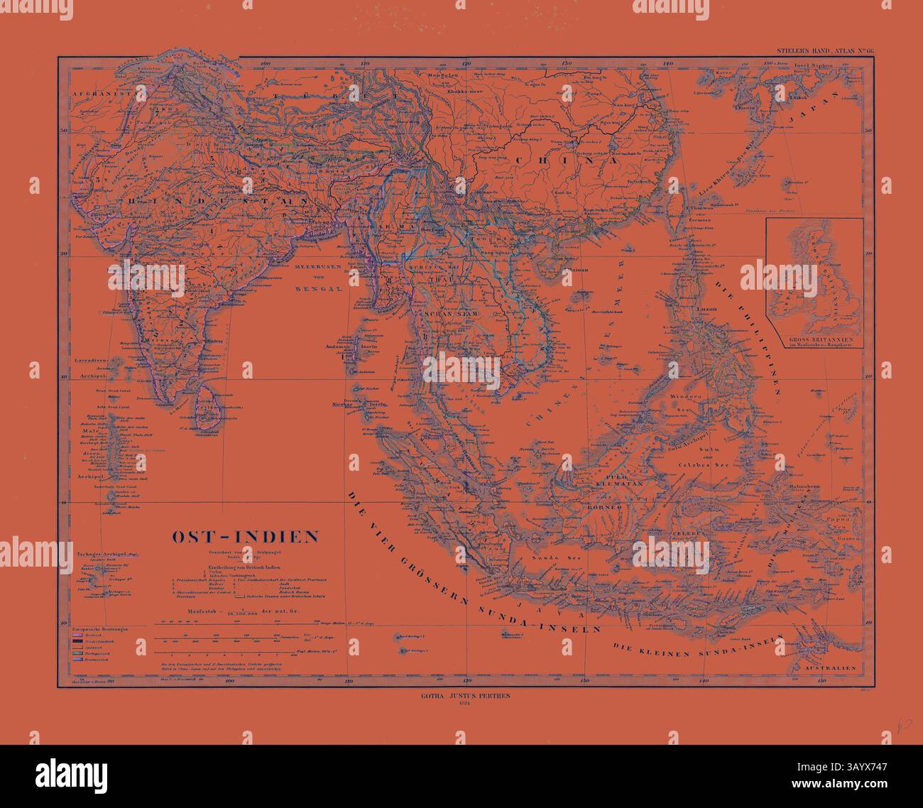 Eine historische Karte von Asien, die Indien und Südostasien besonders zeigt, mit detaillierten geografischen Informationen verziert und in deutscher Sprache beschriftet, vor einem leuchtenden orangen Hintergrund. Gotha Justus Perthes Atlas 1872. Perthes Johan Georg Justus 1749 1816 Deutscher Verlag wurde 1749 in Rudolstadt geboren. 1785 gründete er in Gotha The Business, das seinen Namen Justus Perthes trägt. Dazu gesellte sich 1814 sein Sohn Wilhelm 1793 1853. Er legte den Grundstein für die geographische Niederlassung des Unternehmens, für die es vor allem durch die Veröffentlichung des and-Atlas (1817–1823) von Adolf Stieler bekannt ist Stockfoto