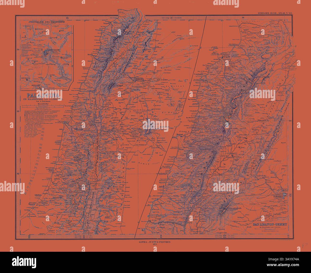 Eine detaillierte Karte von Palästina mit verschiedenen geografischen Merkmalen, Straßen und Siedlungen, hervorgehoben in markanten Orange- und Blautönen. Das Layout enthält eine Legende und zusätzliche Zuordnungen für den Kontext. Israel Palästina Jerusalem Karte Gotha Justus Perthes Atlas 1875. Perthes Johan Georg Justus 1749 1816 Deutscher Verlag wurde 1749 in Rudolstadt geboren. 1785 gründete er in Gotha The Business, das seinen Namen Justus Perthes trägt. Dazu gesellte sich 1814 sein Sohn Wilhelm 1793 1853. Er legte den Grundstein für die geographische Niederlassung des Unternehmens, für die es vor allem berühmt ist Stockfoto