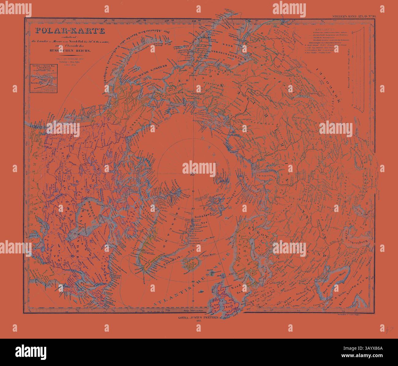 Eine antike Karte der arktischen Region mit komplexen Details und Etiketten von geografischen Sehenswürdigkeiten, Wasserstraßen und Routen, alle vor einem leuchtenden orangefarbenen Hintergrund. Polarkarte Gotha Justus Perthes Atlas 1872. Perthes Johan Georg Justus 1749 1816 Deutscher Verlag wurde 1749 in Rudolstadt geboren. 1785 gründete er in Gotha The Business, das seinen Namen Justus Perthes trägt. Dazu gesellte sich 1814 sein Sohn Wilhelm 1793 1853. Er legte den Grundstein für die geographische Niederlassung des Unternehmens, für die es vor allem durch die Veröffentlichung des and-Atlas (1817–1823) von Adolf Stieler (1775) bekannt ist Stockfoto