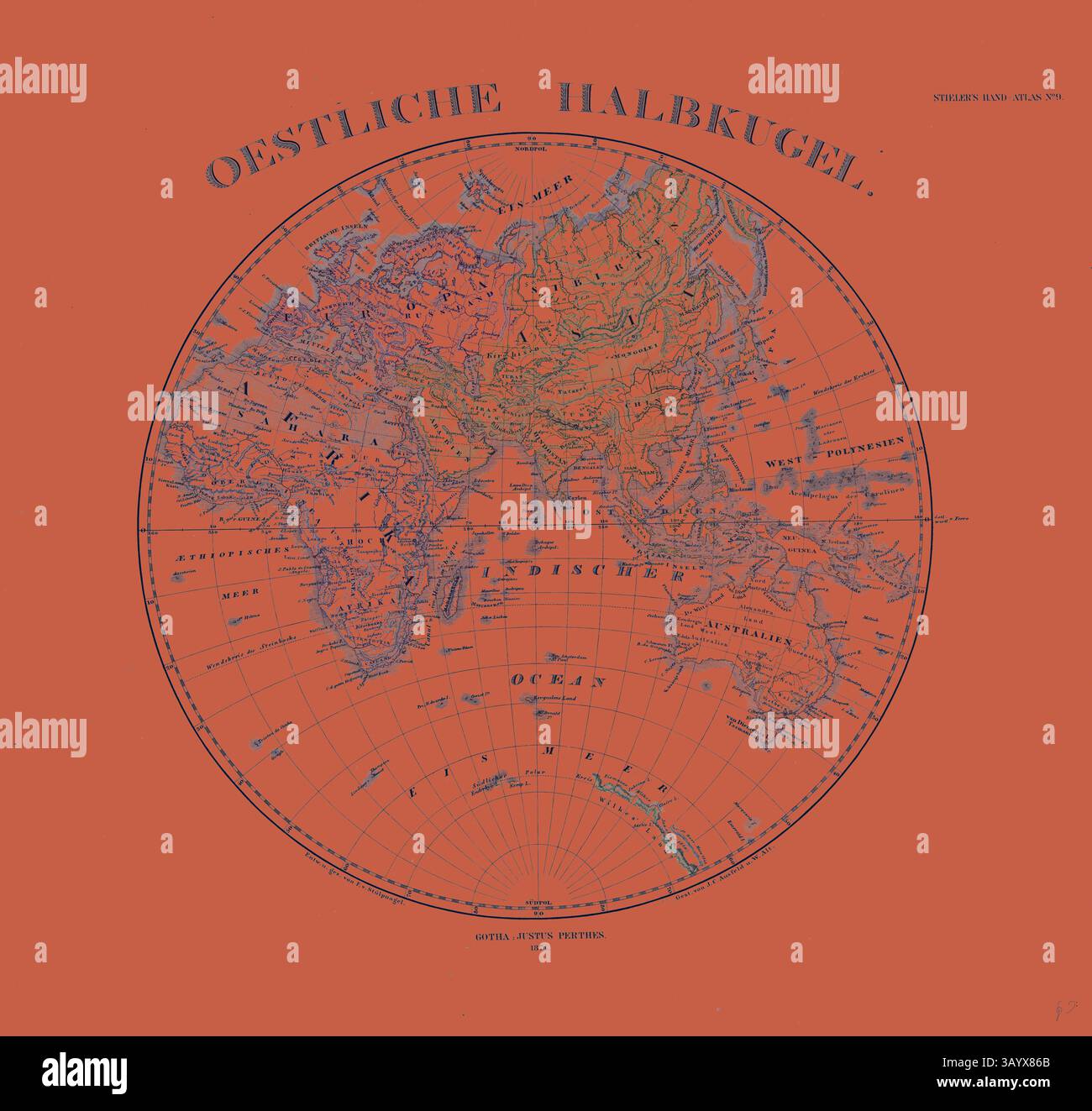 Eine lebendige Karte der östlichen Hemisphäre mit detaillierten geografischen Besonderheiten und Ländergrenzen vor einem auffälligen orangen Hintergrund. Gotha Justus Perthes Atlas 1872. Perthes Johan Georg Justus 1749 1816 Deutscher Verlag wurde 1749 in Rudolstadt geboren. 1785 gründete er in Gotha The Business, das seinen Namen Justus Perthes trägt. Dazu gesellte sich 1814 sein Sohn Wilhelm 1793 1853. Er legte den Grundstein für die geographische Niederlassung des Unternehmens, für die es vor allem durch die Veröffentlichung des and-Atlas (1817–1823) von Adolf Stieler (1775–1836) bekannt ist. Wilhelm Perthes Stockfoto