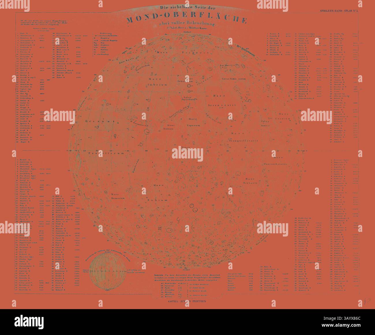 Eine detaillierte Mondkarte mit einer Himmelskarte des Mondes, die verschiedene Merkmale, Krater und ihre jeweiligen Namen hervorhebt, mit einem organisierten Layout, das einen kleineren Einschnitt enthält, der die Phasen des Mondes veranschaulicht. Der leuchtende orangefarbene Hintergrund bildet einen scharfen Kontrast zum weißen Text und den Markierungen und schafft eine eindrucksvolle visuelle Darstellung der Mondtopographie. Mond Gotha Justus Perthes Atlas 1872. Perthes Johan Georg Justus 1749 1816 Deutscher Verlag wurde 1749 in Rudolstadt geboren. 1785 gründete er in Gotha The Business, das seinen Namen Justus Perthes trägt. In diesem Jahr wurde er 1814 von Seinen begleitet Stockfoto