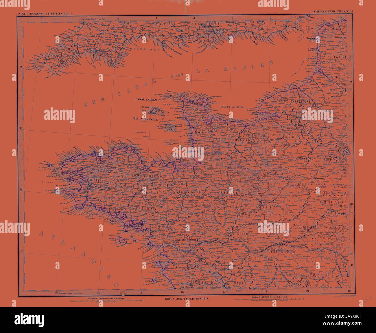 Eine detaillierte Karte, die eine Region mit gekennzeichneten geografischen Merkmalen, Städten und Wasserstraßen vor einem leuchtenden orangefarbenen Hintergrund darstellt. Die komplexen blauen Linien umreißen Straßen und Grenzen und bieten einen einzigartigen visuellen Kontrast. Frankreich Karte 1874 Gotha Justus Perthes 1872 Atlas. Perthes Johan Georg Justus 1749 1816 Deutscher Verlag wurde 1749 in Rudolstadt geboren. 1785 gründete er in Gotha The Business, das seinen Namen Justus Perthes trägt. Dazu gesellte sich 1814 sein Sohn Wilhelm 1793 1853. Er legte den Grundstein für die geographische Niederlassung des Unternehmens, für die es vor allem berühmt ist Stockfoto