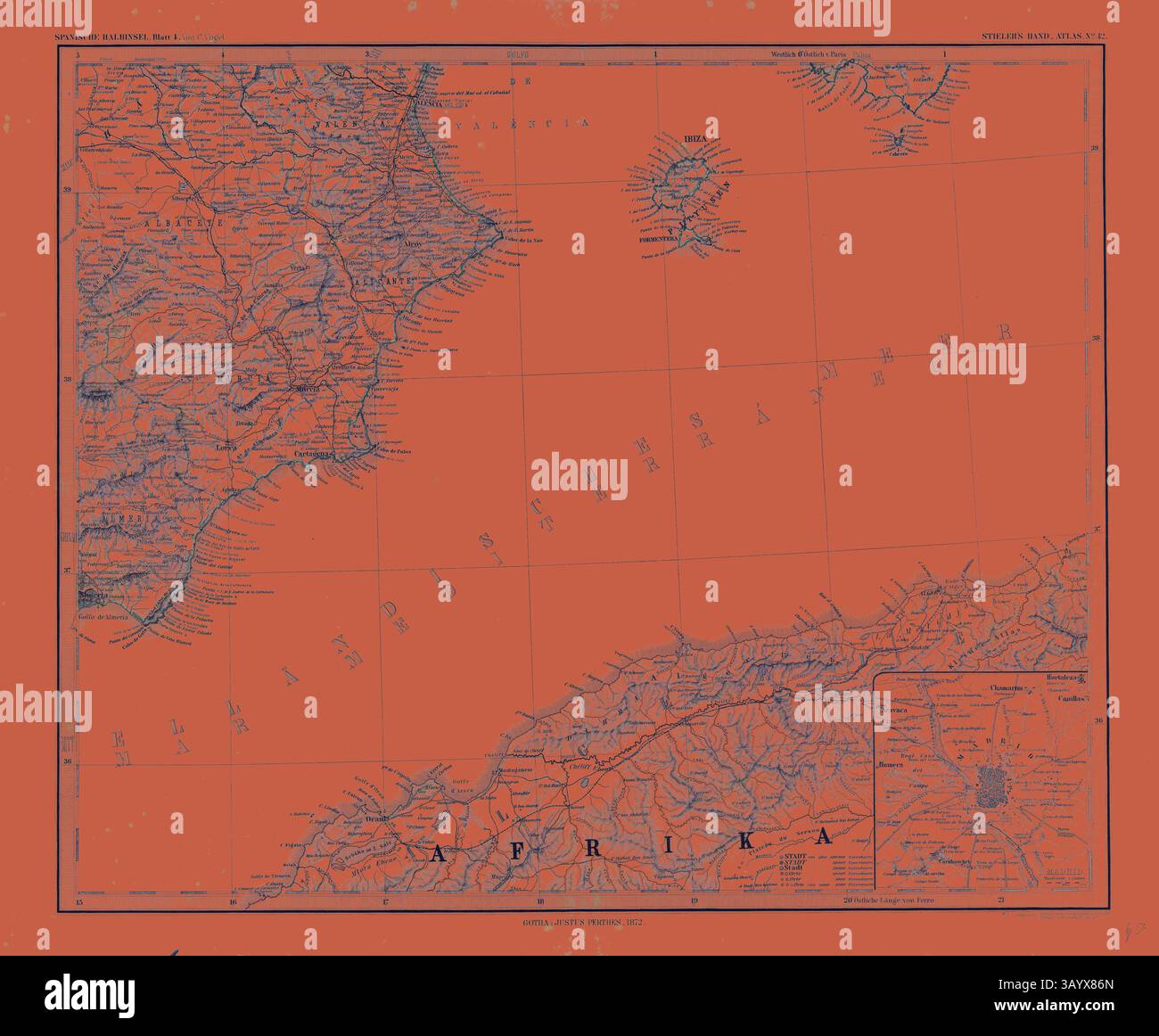 Eine detaillierte Karte von Afrika mit geographischen Merkmalen, Stadtnamen und Grenzen, die alle vor einem auffälligen orangen Hintergrund zur Betonung präsentiert werden. Spanien Madrid Gotha Justus Perthes Atlas 1872. Perthes Johan Georg Justus 1749 1816 Deutscher Verlag wurde 1749 in Rudolstadt geboren. 1785 gründete er in Gotha The Business, das seinen Namen Justus Perthes trägt. Dazu gesellte sich 1814 sein Sohn Wilhelm 1793 1853. Er legte den Grundstein für die geographische Niederlassung des Unternehmens, für die es vor allem durch die Veröffentlichung des and-Atlas (1817–1823) von Adolf Stieler (1775–1836) bekannt ist. Wilhelm Stockfoto